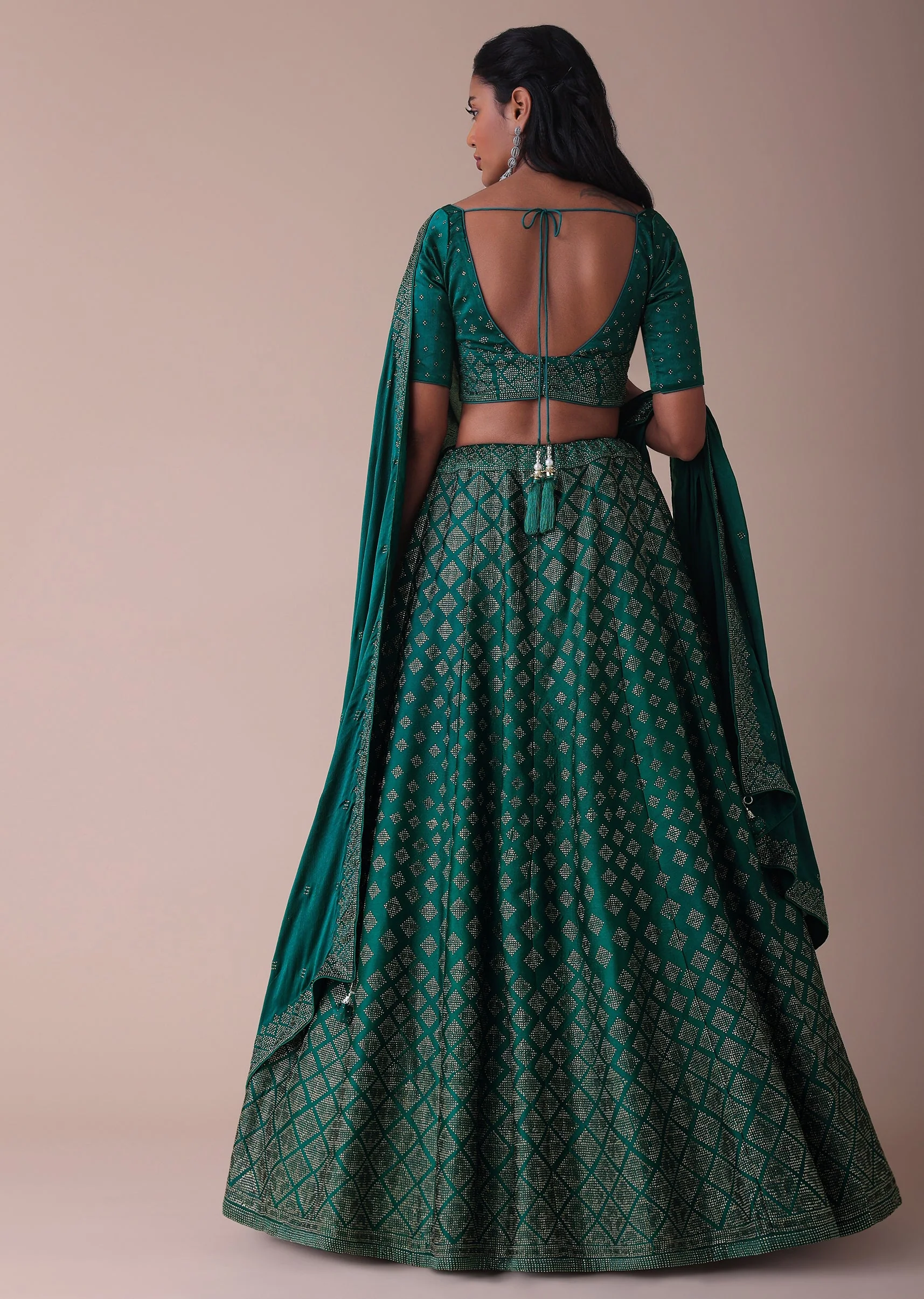 Deep Green Swarovski Embellished Lehenga In Wrinkle Satin - Image 10