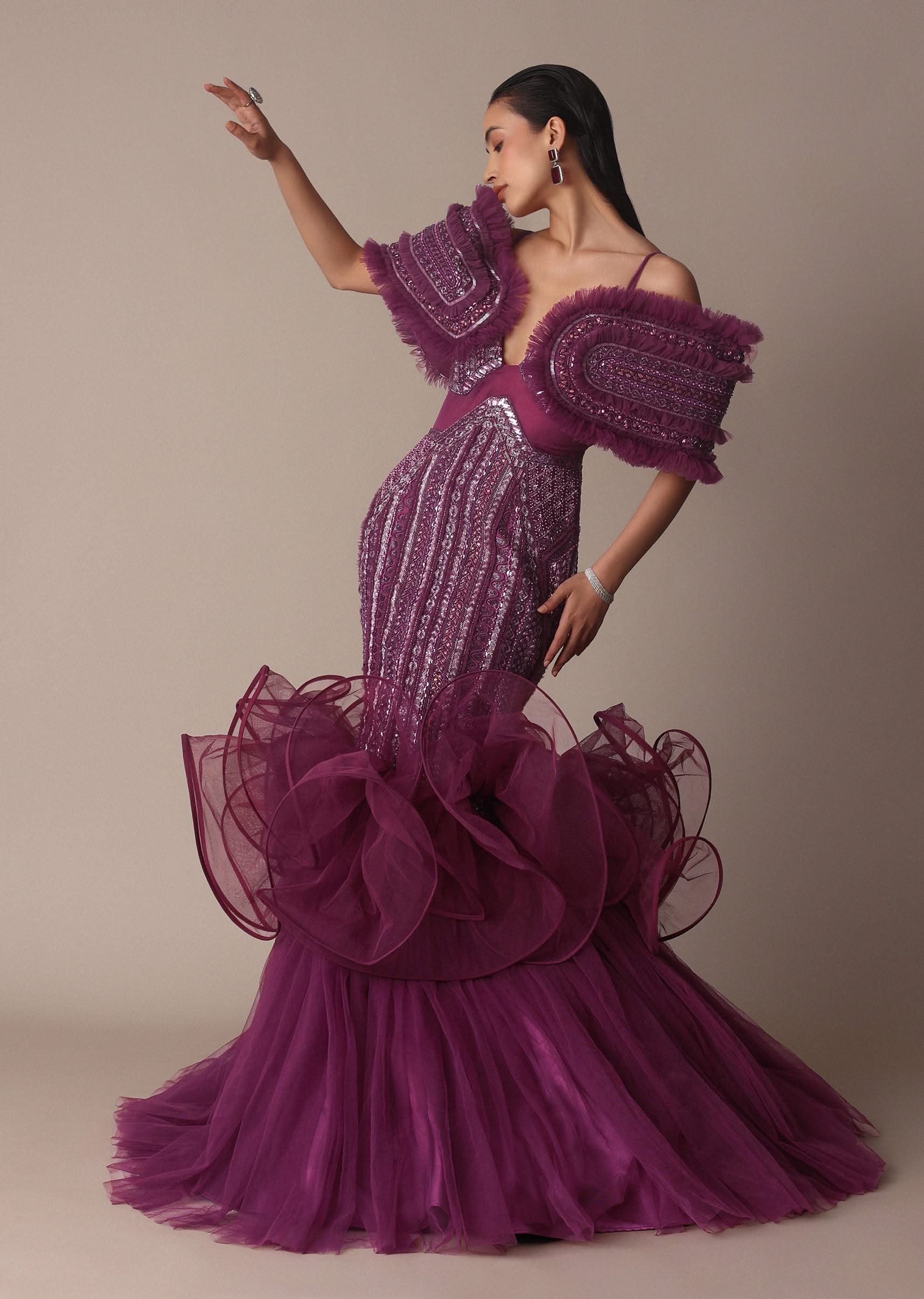 Deep Purple Organza Fish Cut Gown With 3D Ruffles - Image 6