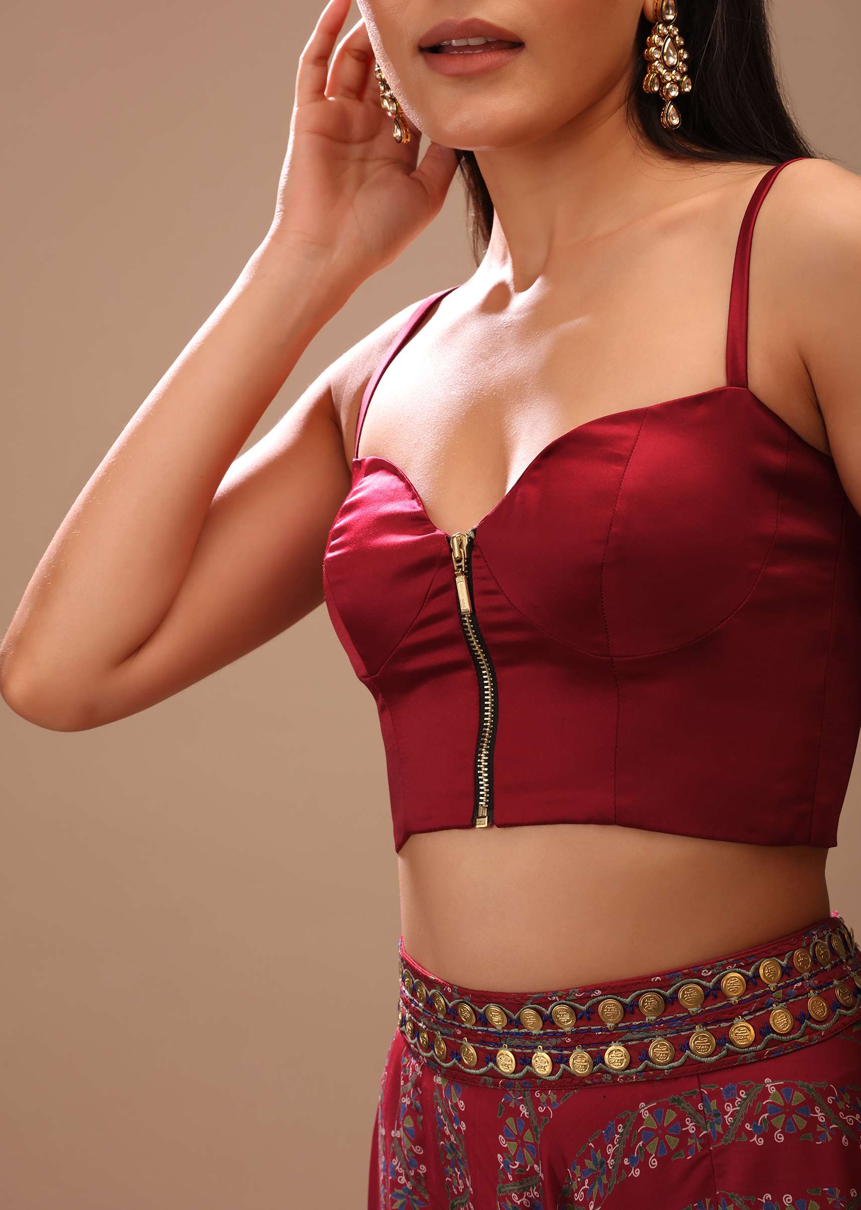 Deep Red Blouse In Satin With Front Zip Closure, Strap Sleeves And Corset Neckline - Image 4