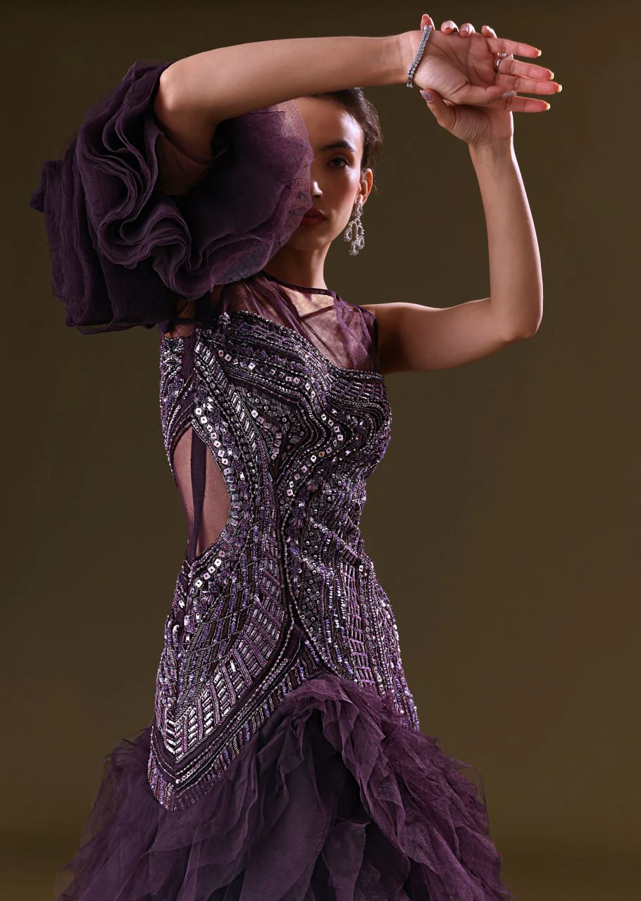 Deep Violet Mermaid Fit Asymmetric Gown With Ruffle Detailing - Image 2