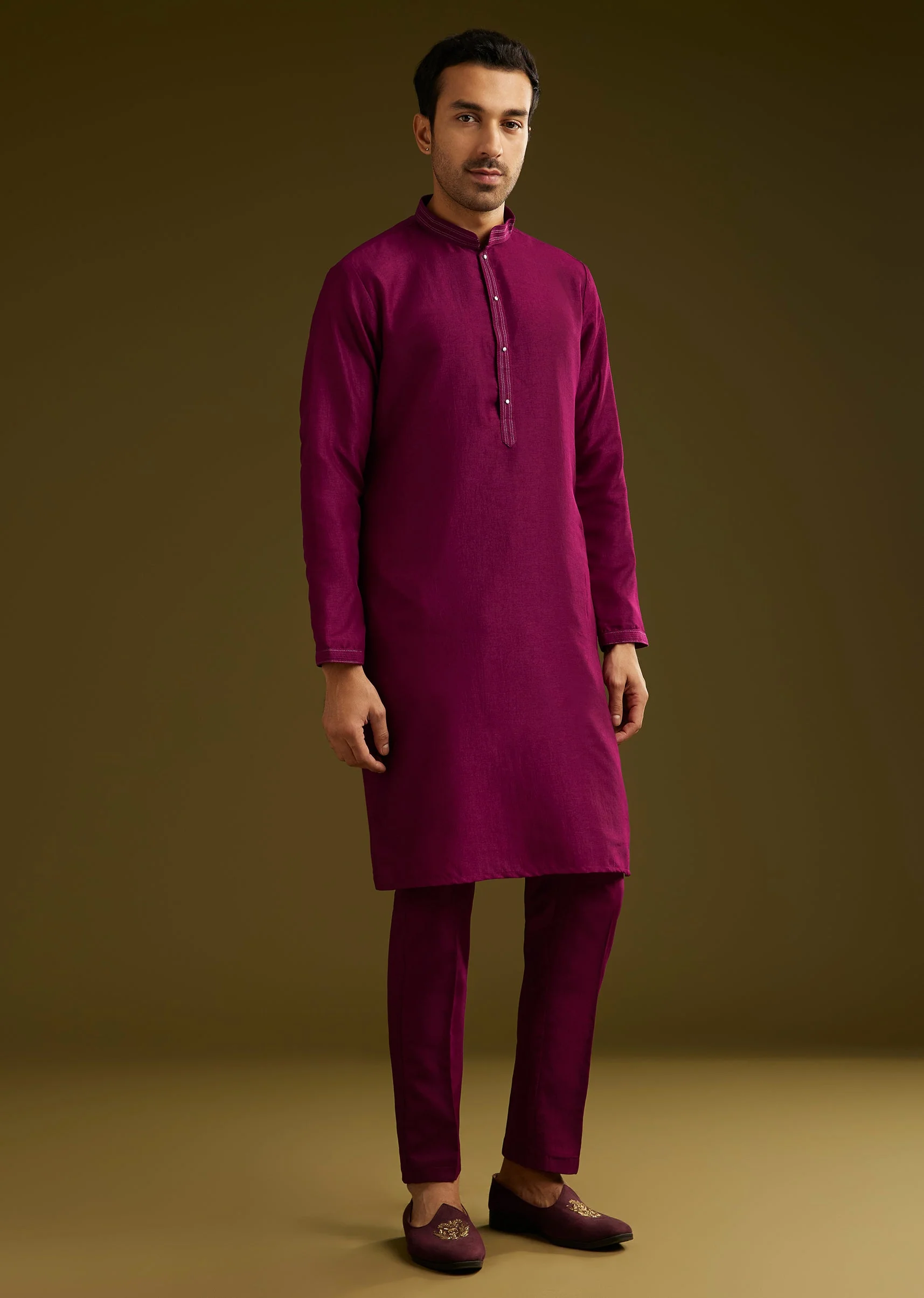 Deep Wine Reception Couple Set – Wine Tissue Organza Saree For Her And Wine Cotton Silk Kurta Jacket Set For Him - Image 13