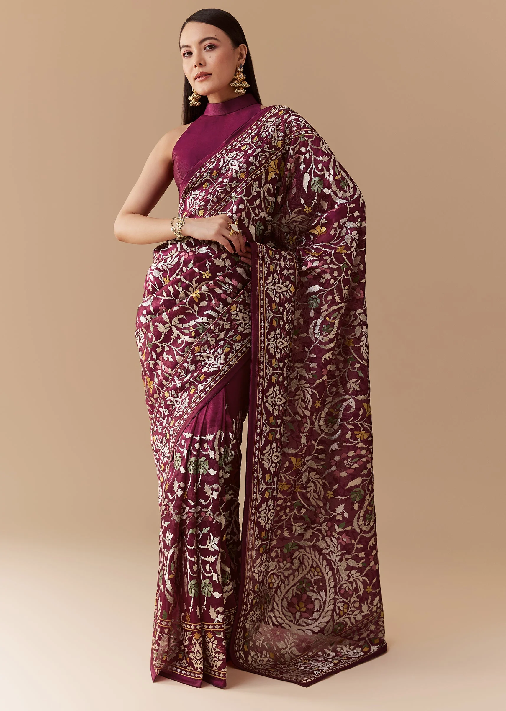 Deep Wine Reception Couple Set – Wine Tissue Organza Saree For Her And Wine Cotton Silk Kurta Jacket Set For Him - Image 5