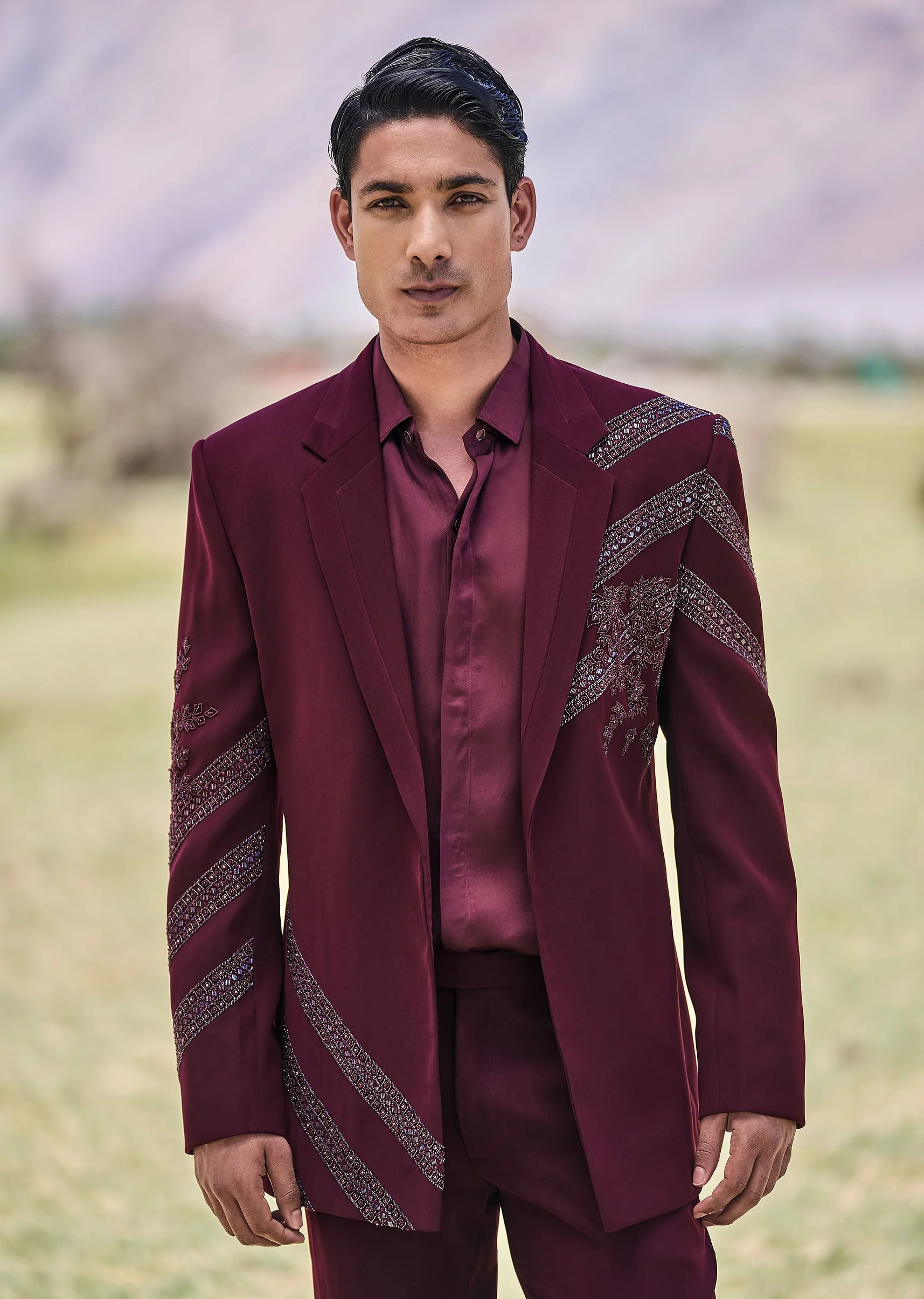 Deep Wine Self Embroidered Tuxedo With Geometric Motifs - Image 4