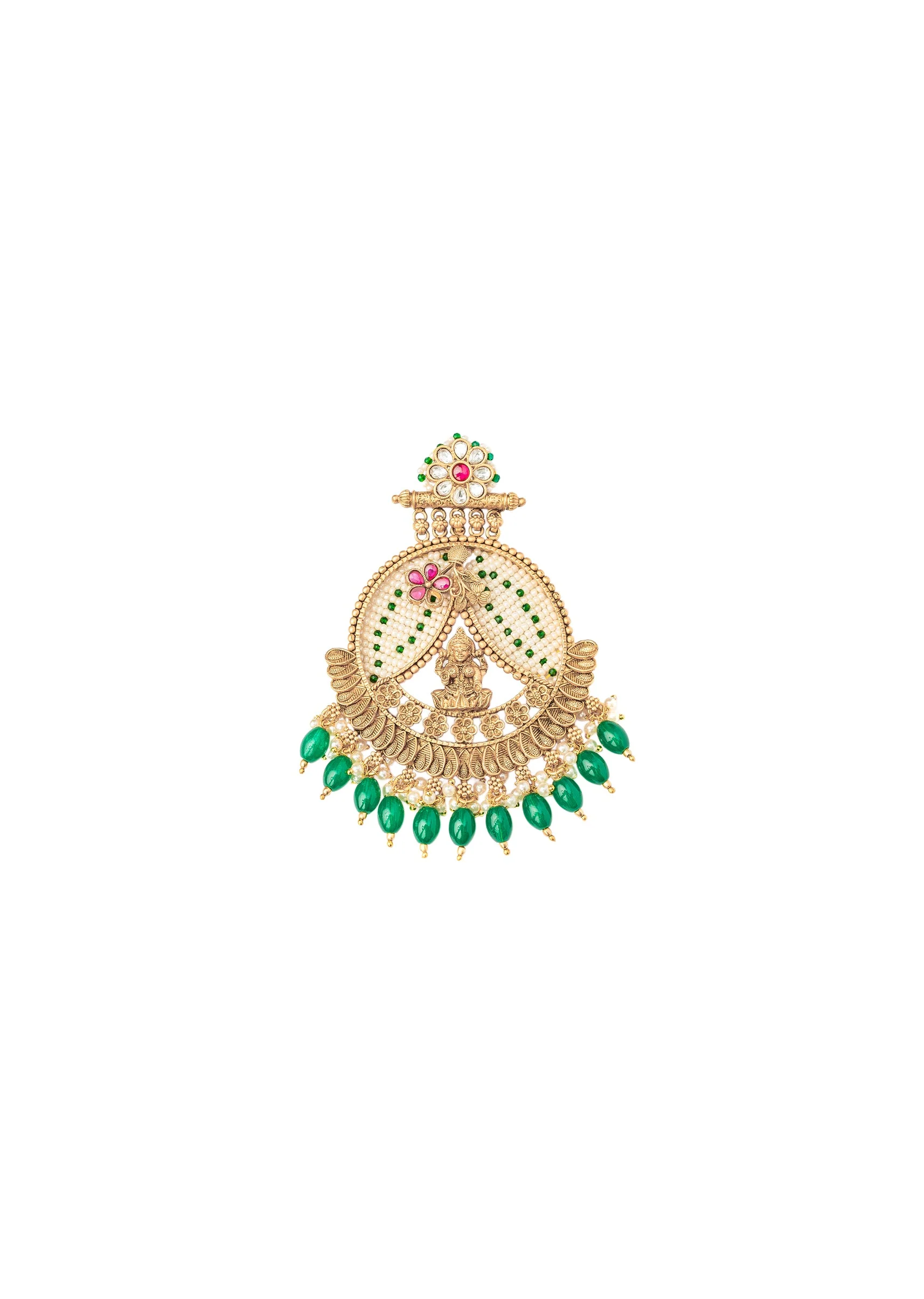 Deity Figure Round Chandbali With Green Drop Beads And Pink Accents - Image 3