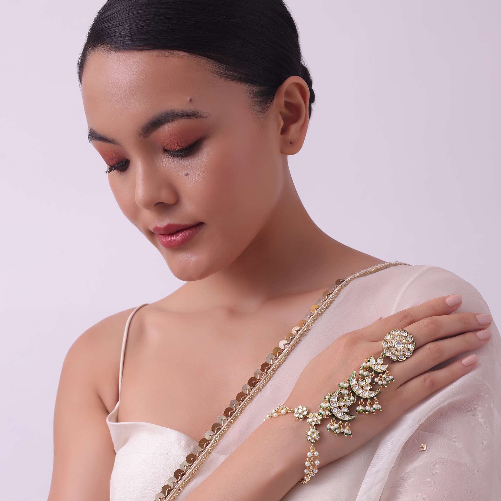 Delicate Gold Finish Green Hath Phool With Kundan Work - Image 3