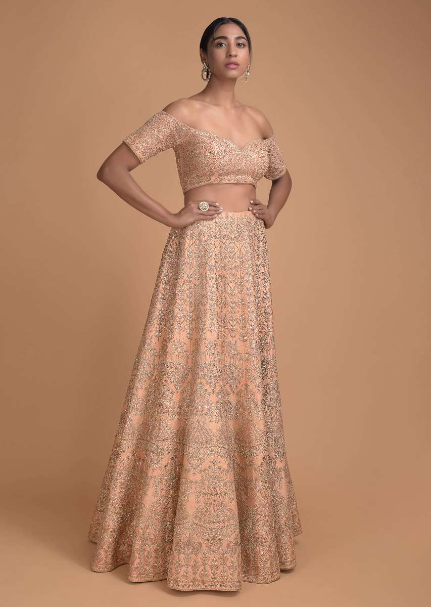 Dull Peach Lehenga With Off Shoulder Choli in Applique And Zardosi Embroidery - Image 5