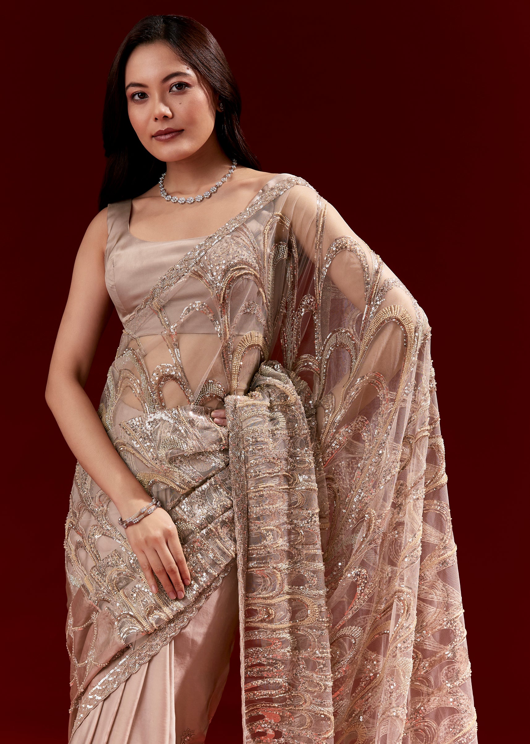Dusky Beige Half And Half Saree With Heavy Embroidered Pallu And Jaal Detailing - Image 5