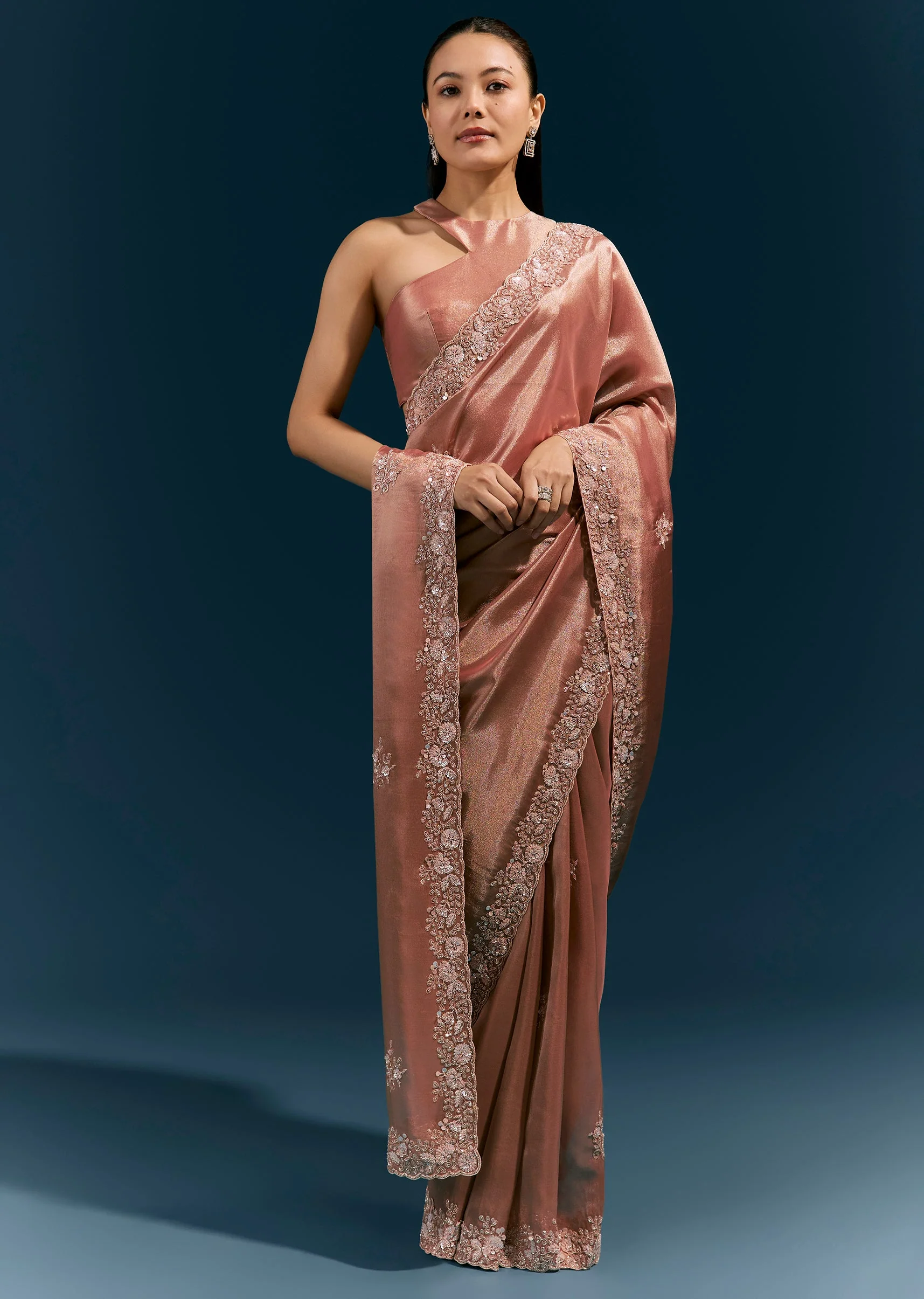 Dusky Beige Tissue Saree With Heavy Floral Embroidered Cutwork Border And Butti - Image 3