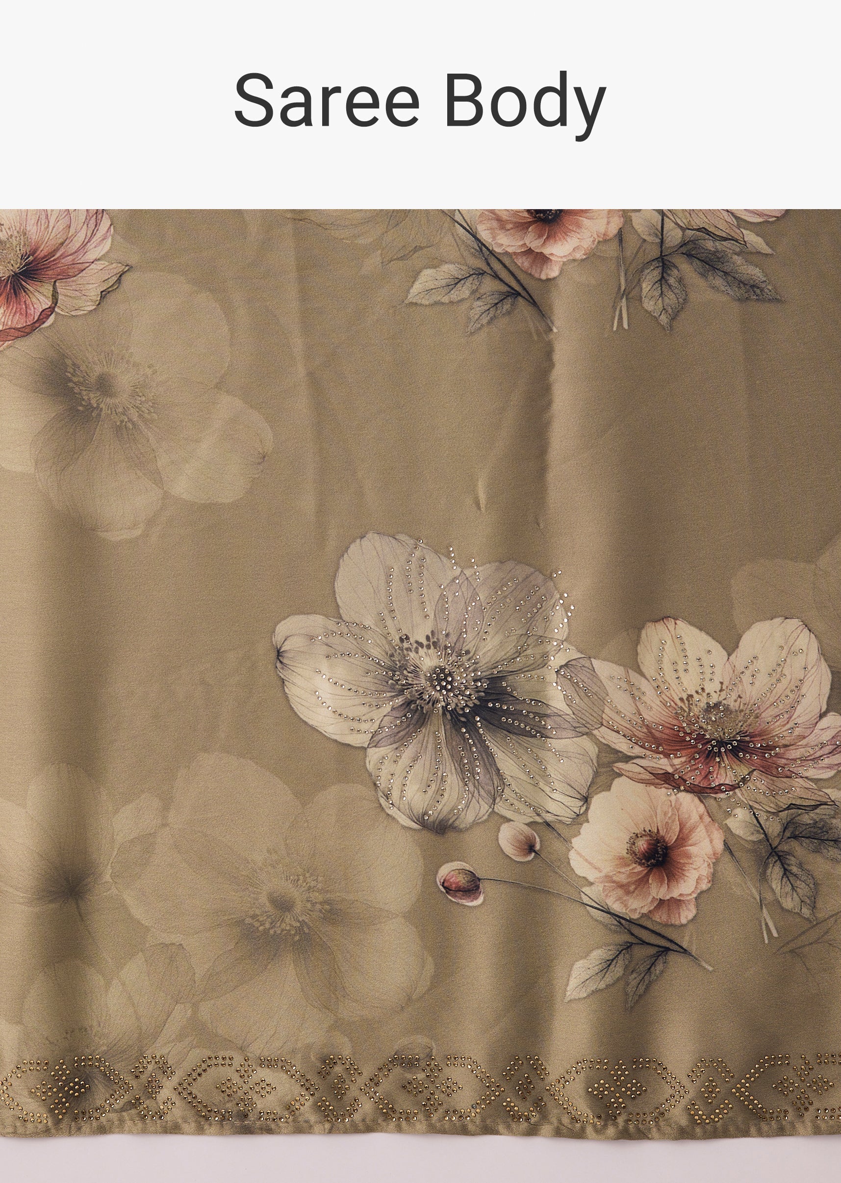 Dusky Brown Satin Floral Printed Saree With Stone Embellished Border - Image 9