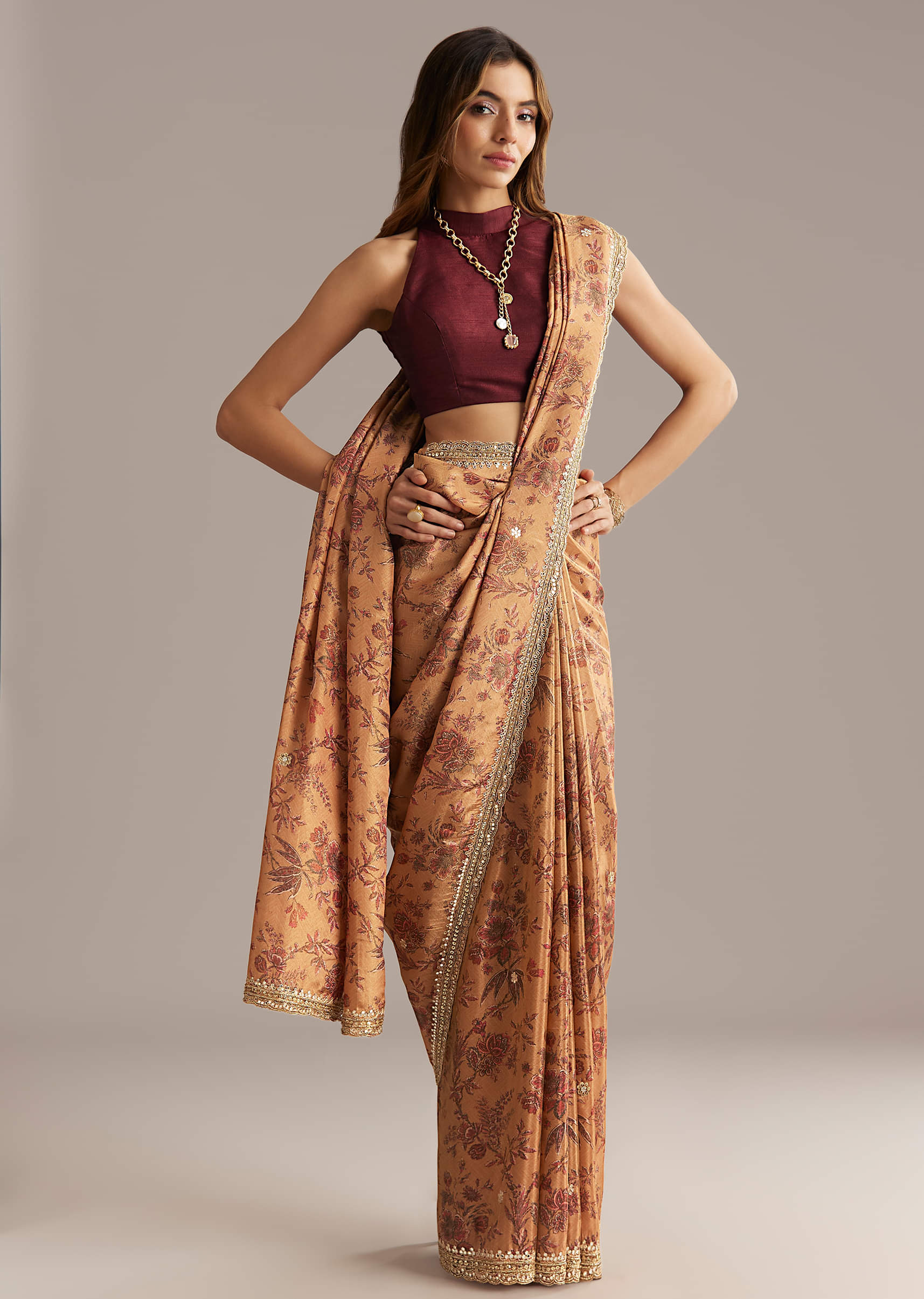 Dusky Orange Jacquard Saree With Mirror And Sequin Embroidery - Image 3