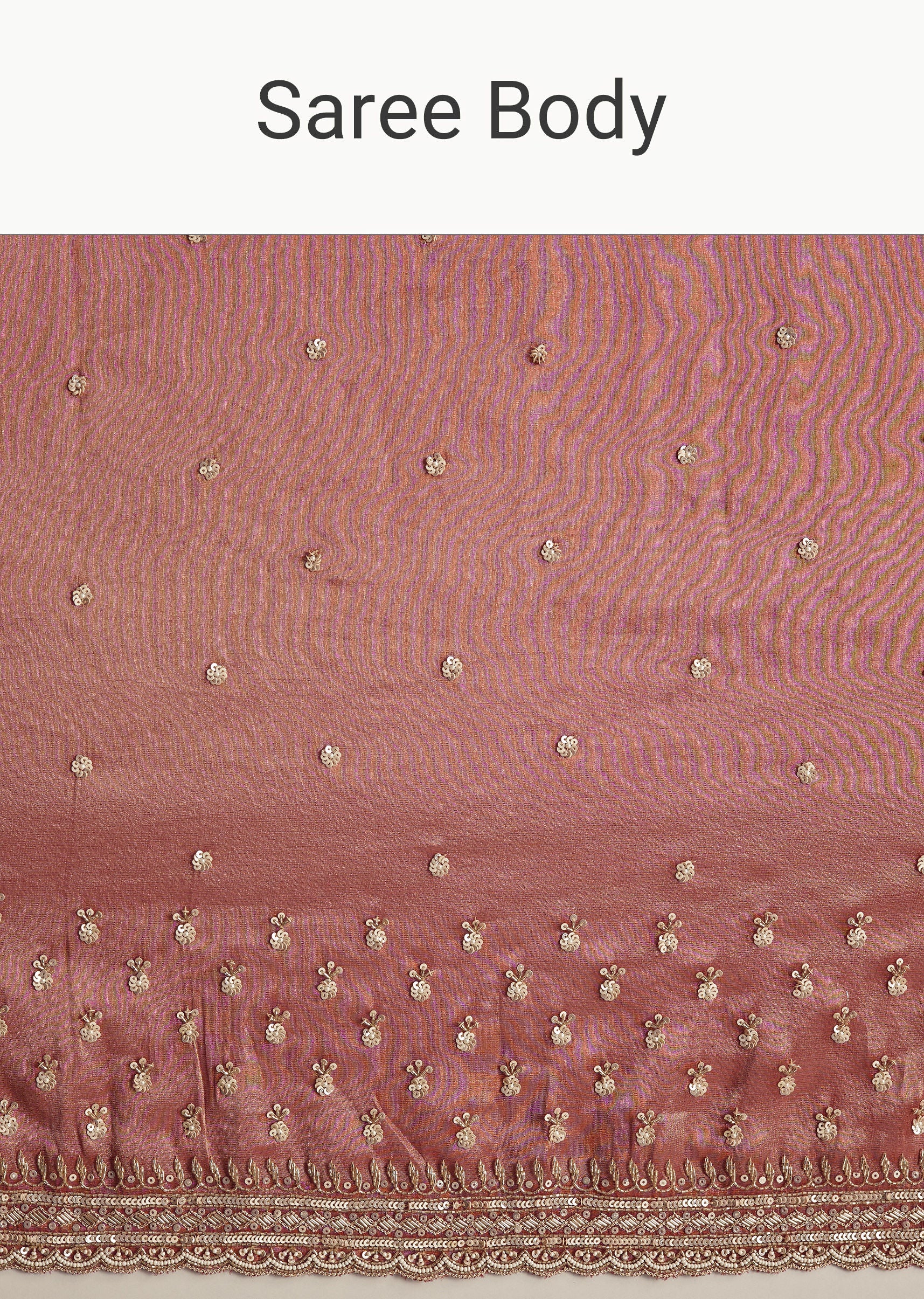 Dusky Orange Tissue Saree With Dense Embroidery - Image 10