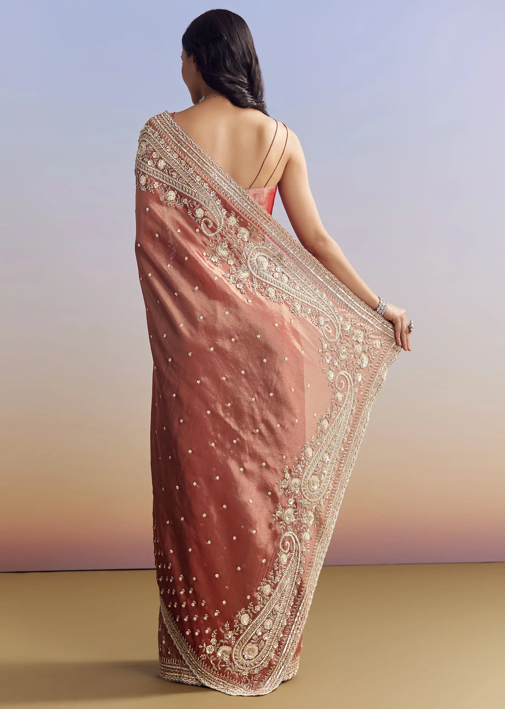 Dusky Orange Tissue Saree With Dense Embroidery - Image 7