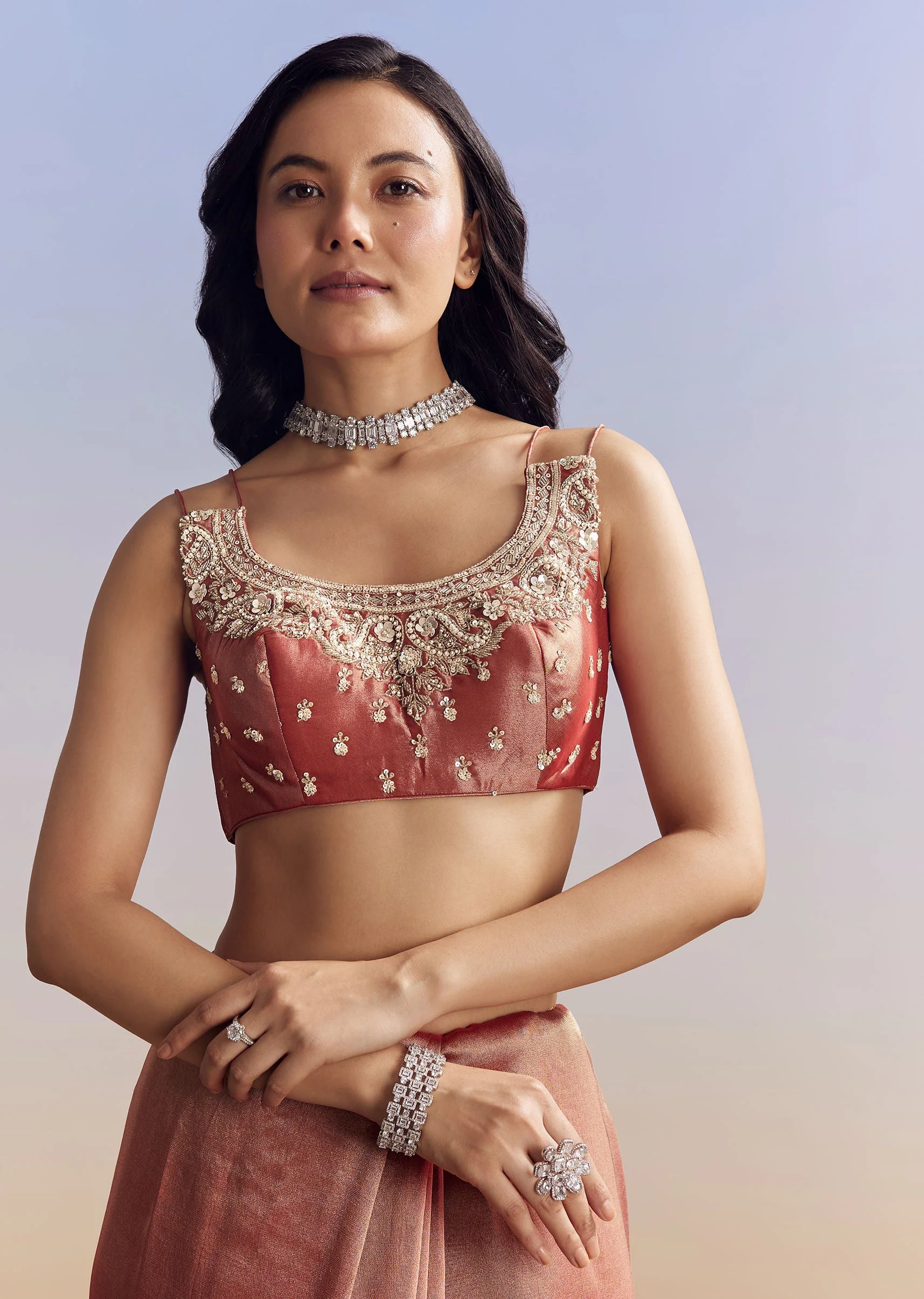 Dusky Orange Tissue Saree With Dense Embroidery - Image 8