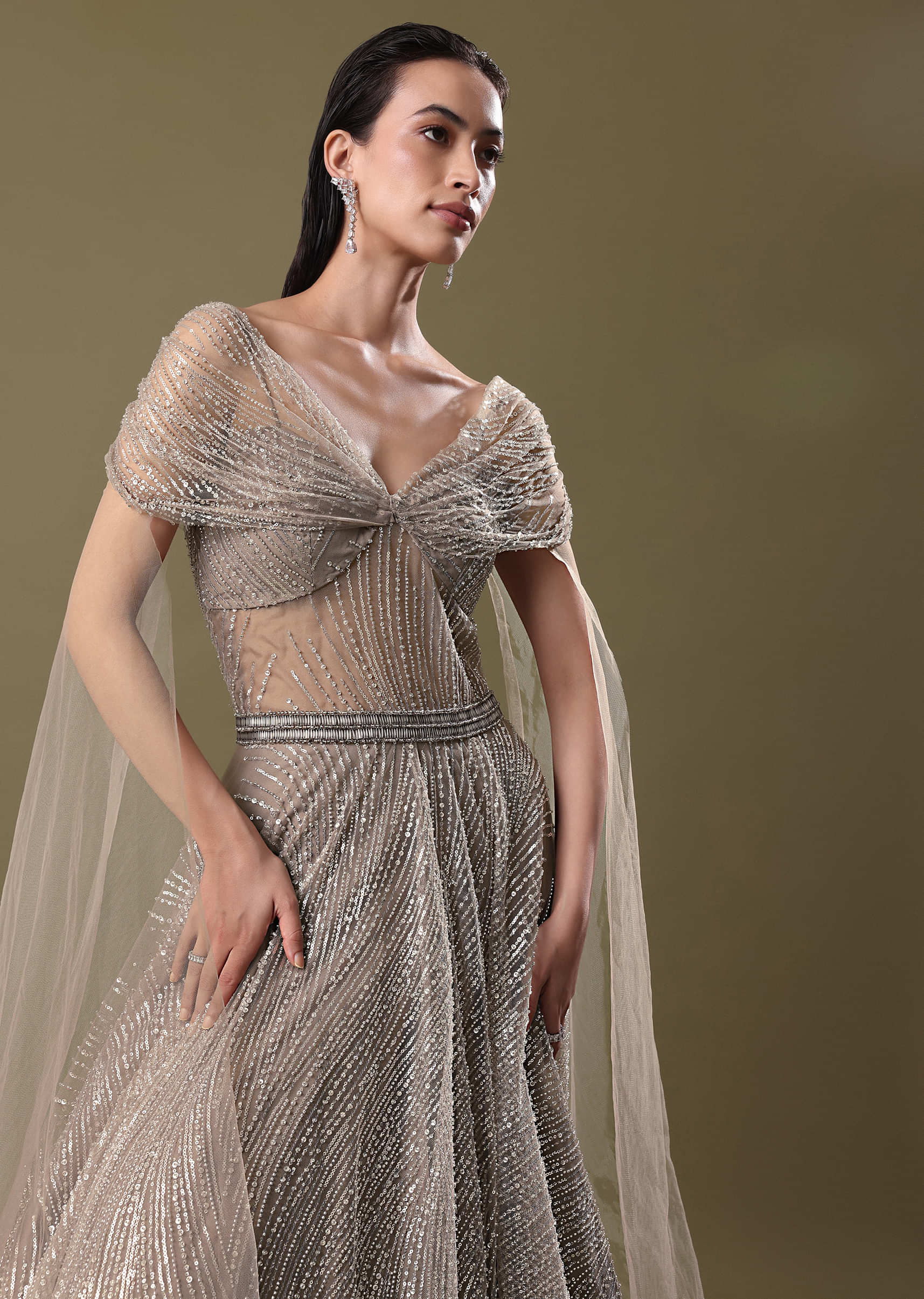 Dusty Beige Embroidered Gown With Cowl Sleeves And Wings - Image 4