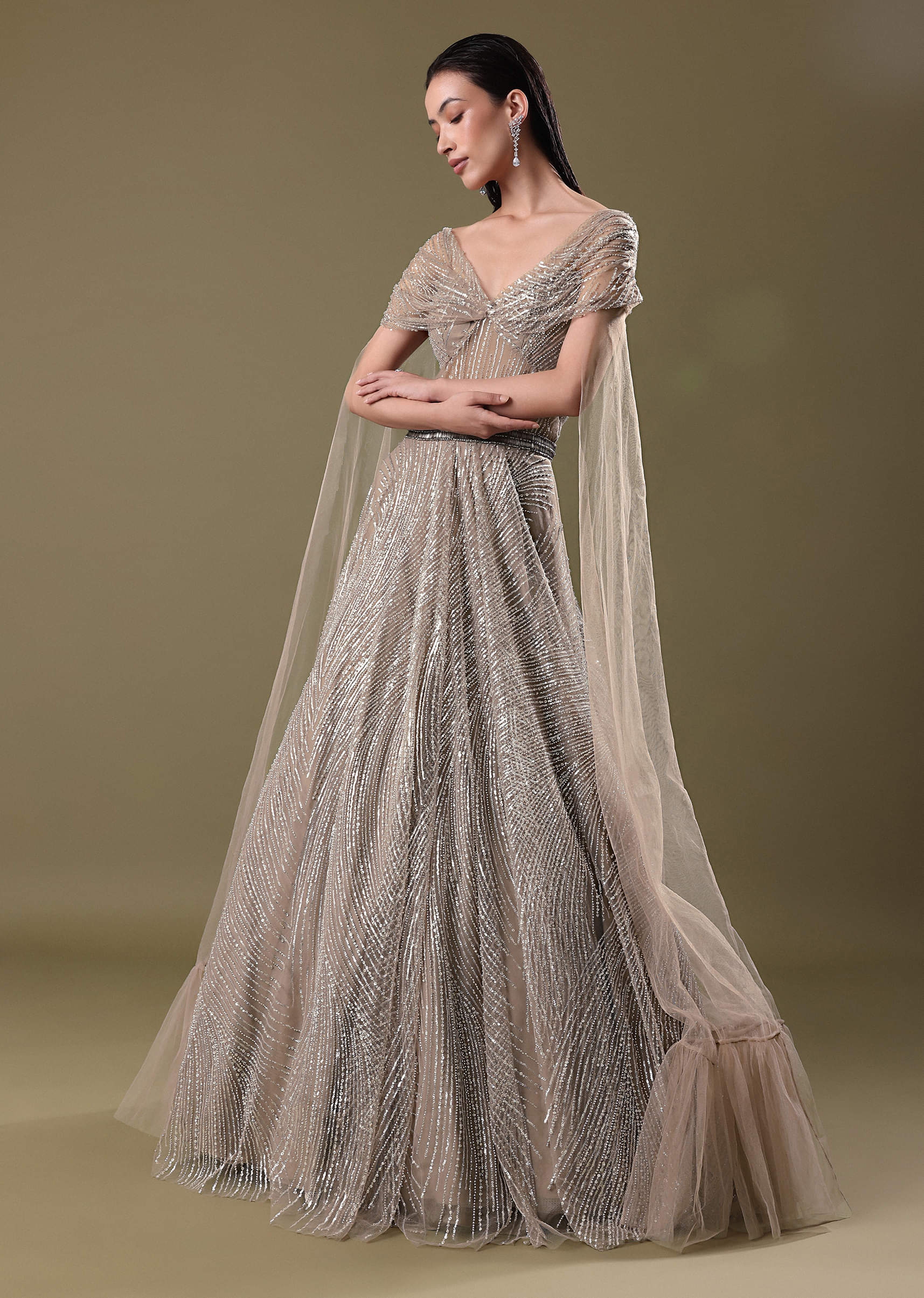 Dusty Beige Embroidered Gown With Cowl Sleeves And Wings - Image 6