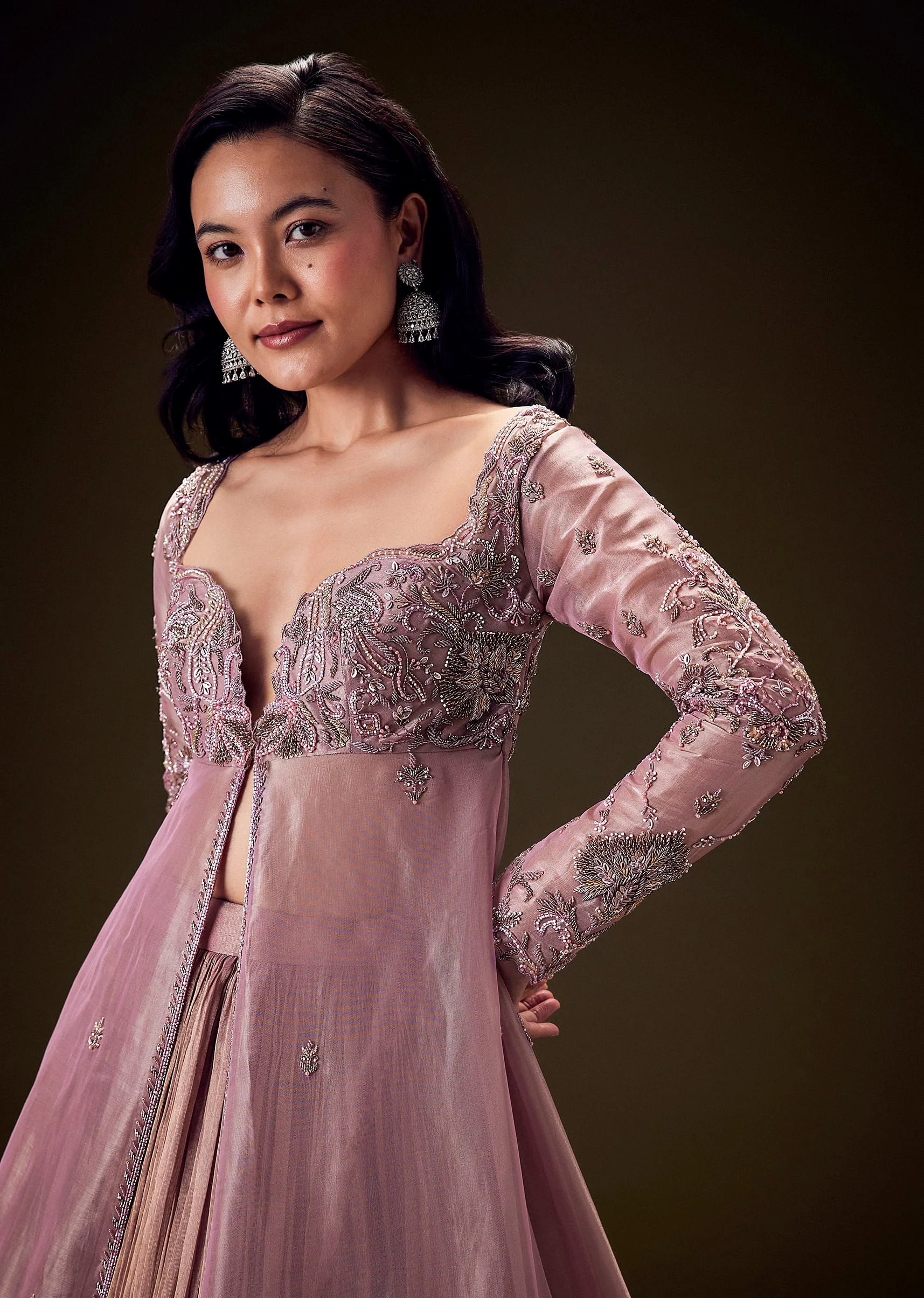 Dusty Lilac Embroidered Long Jacket With Ruched Lehenga - Image 3