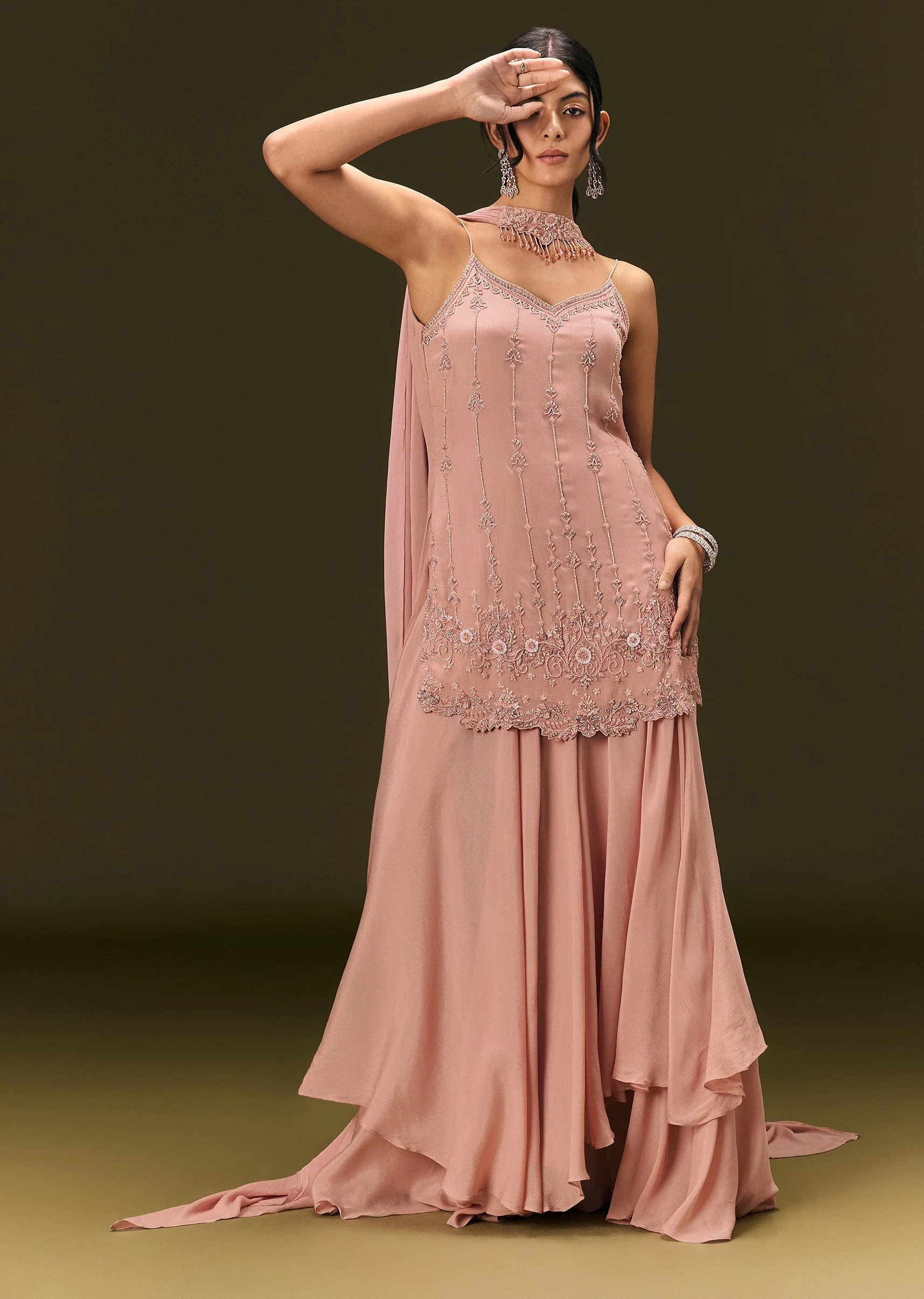 Dusty Pink Chinon Embroidered Kurti With Flared Pant And Choker Dupatta - Image 4