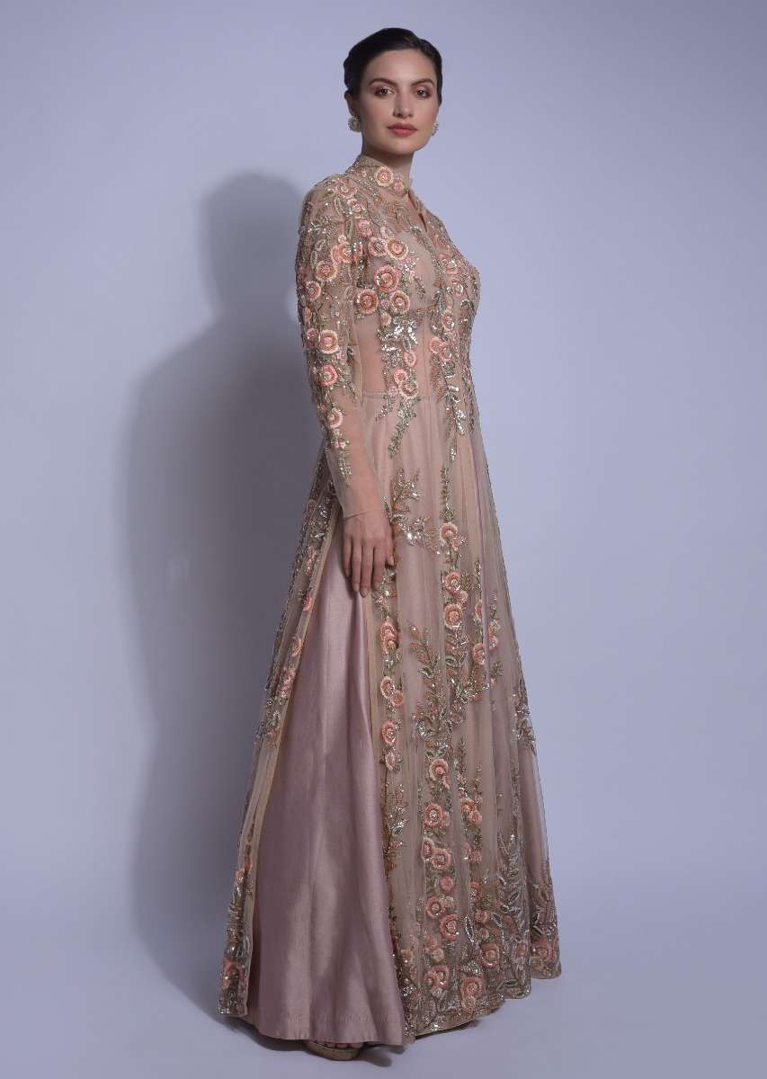 Dusty Pink Skirt And Crop Top With Floral Embellished Net Jacket Online - Kalki Fashion - Image 3