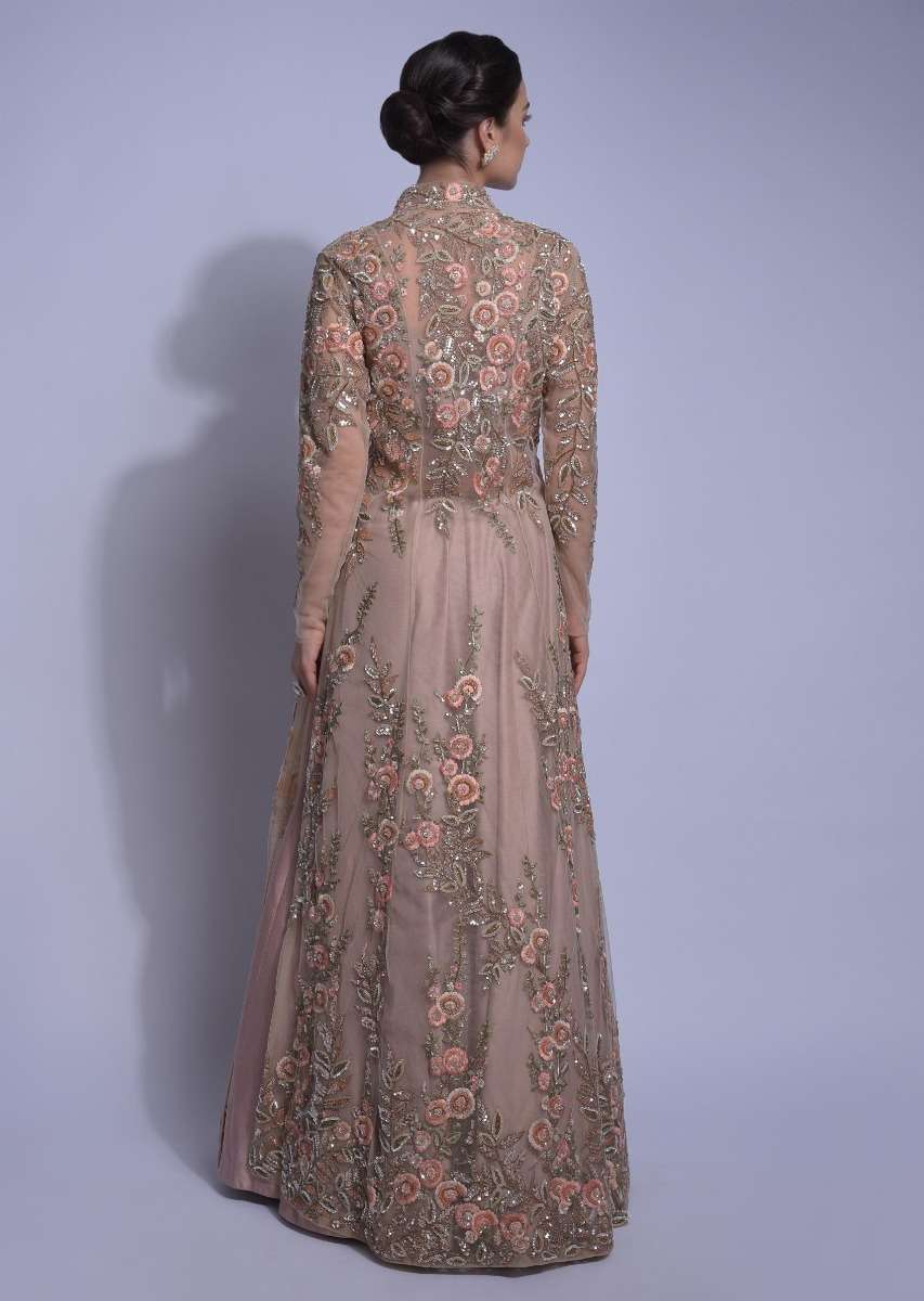 Dusty Pink Skirt And Crop Top With Floral Embellished Net Jacket Online - Kalki Fashion - Image 4