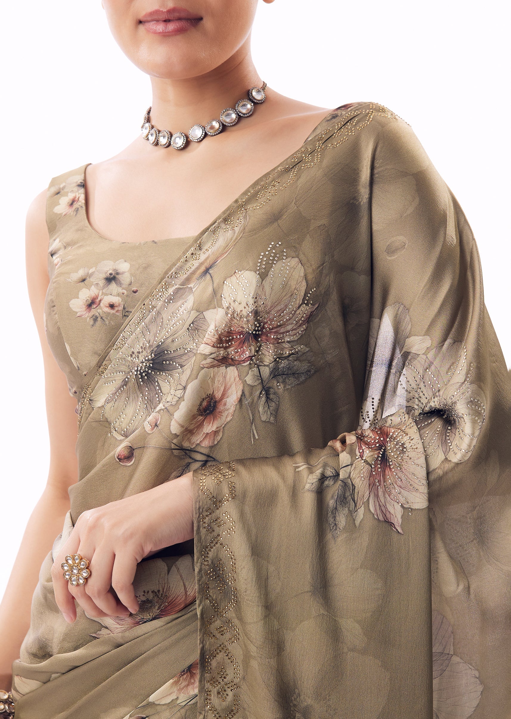 Earthy Brown Pair – Satin Saree For Her And Banarasi Kurta Set For Him - Image 2