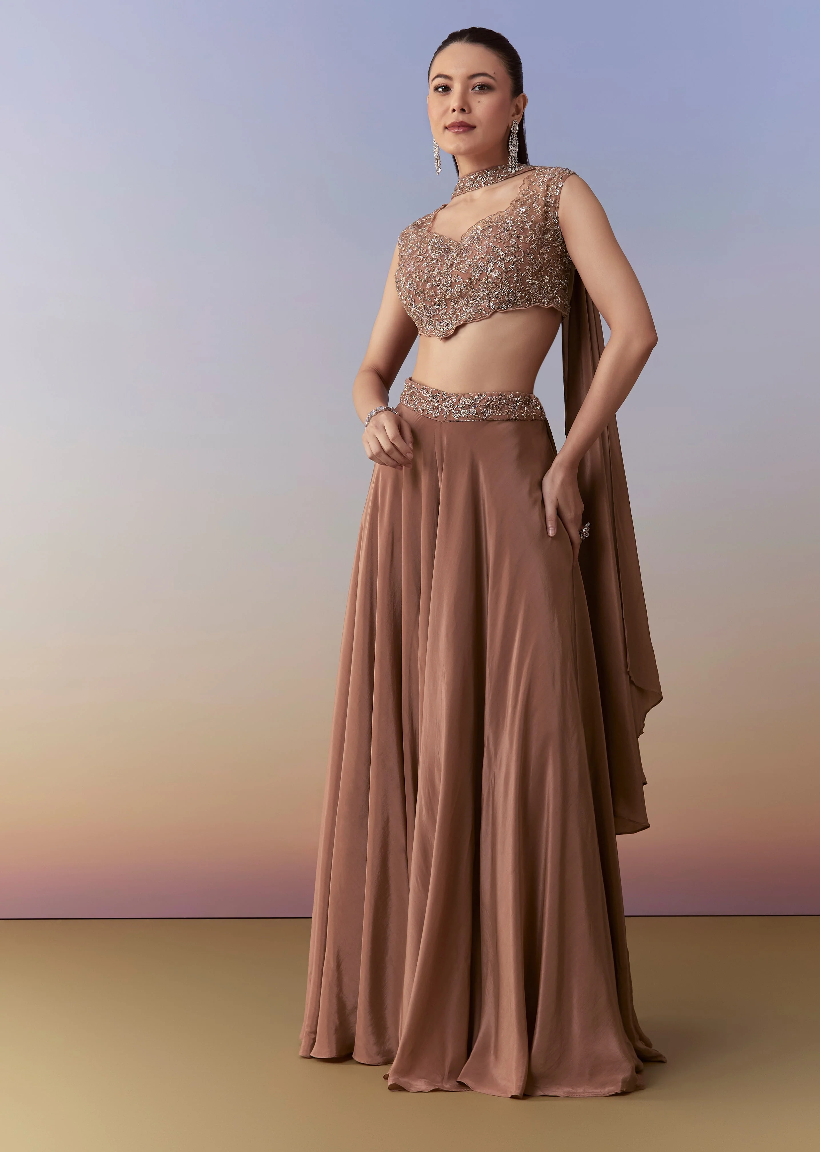 Earthy Elegance Couple Set – Brown Embellished Crop Top And Pant Set for Her And Rust Embroidered Silk Kurta Set for Him - Image 3