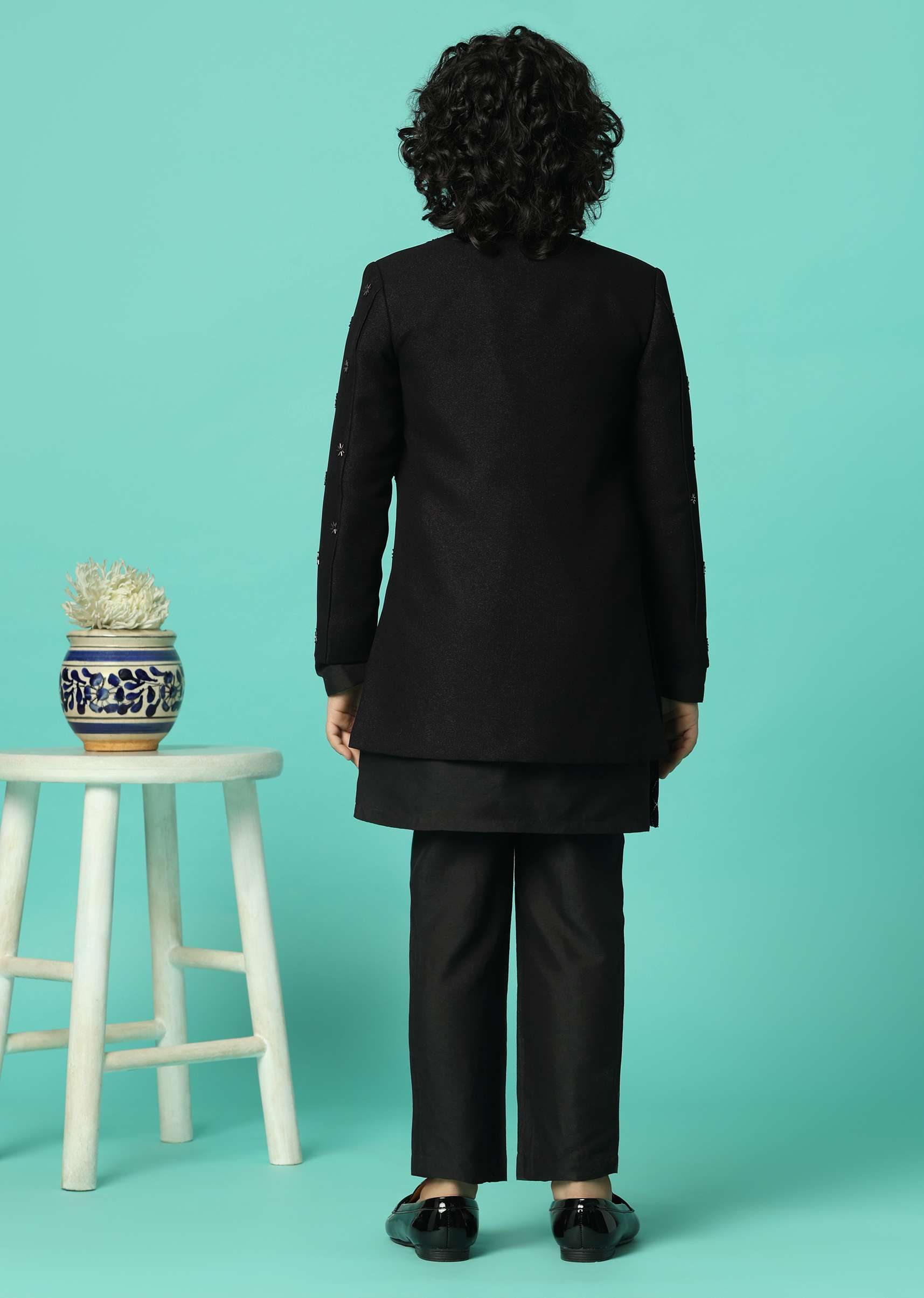 Elegant Black Silk Sherwani Set For Boys - Image 5