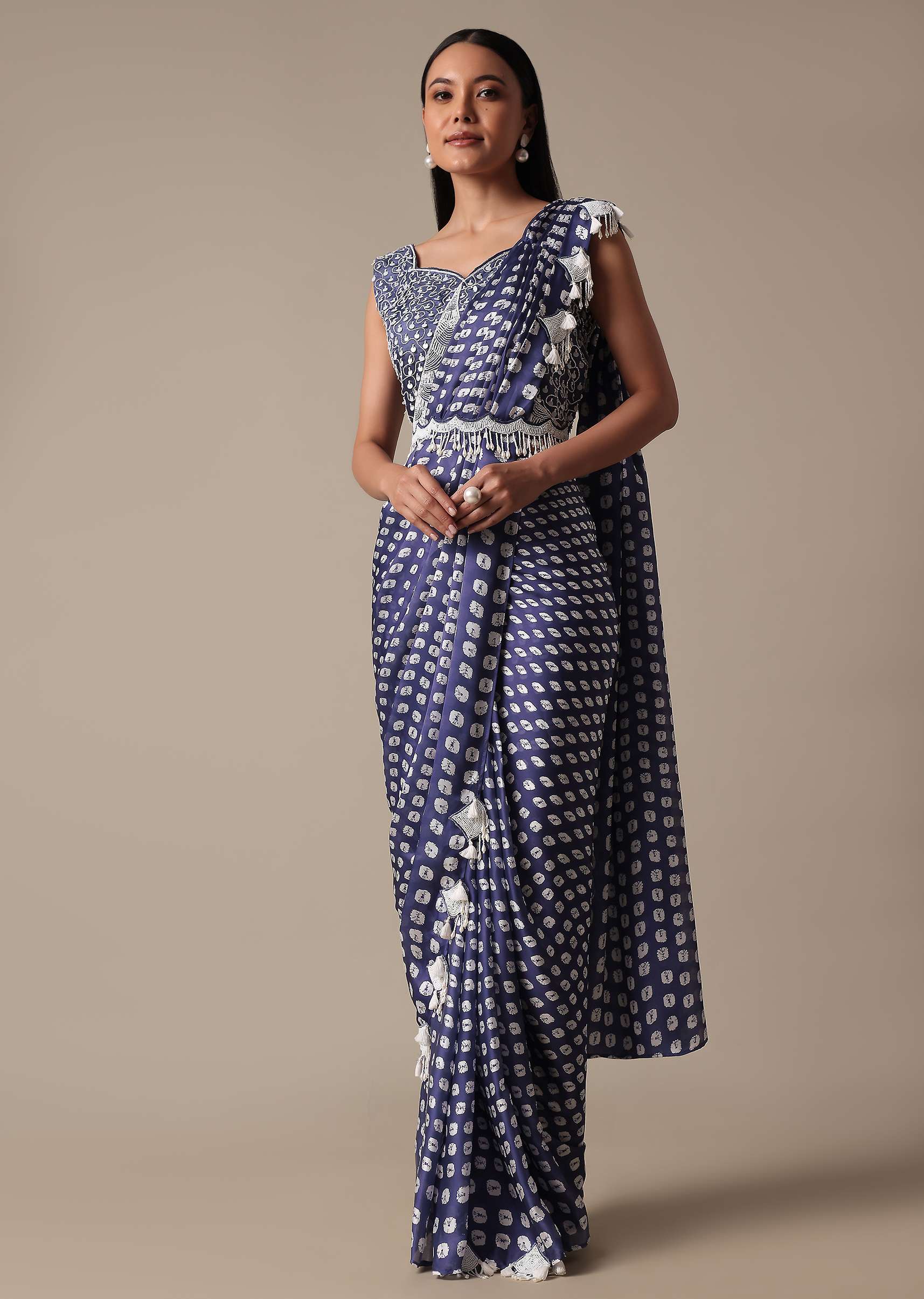 Elegant Blue Ready Pleated Saree With Stitched Blouse - Image 3