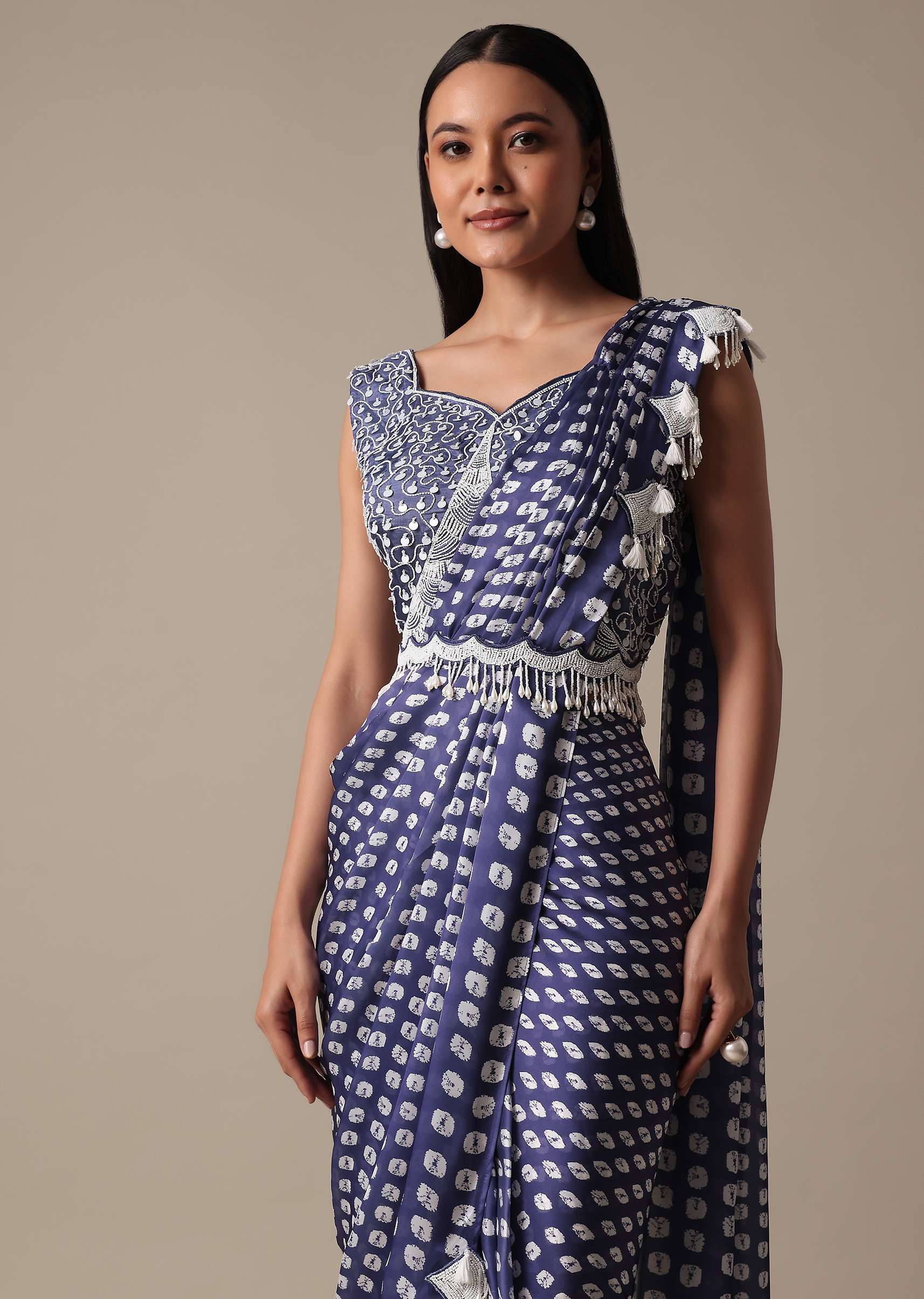 Elegant Blue Ready Pleated Saree With Stitched Blouse - Image 4