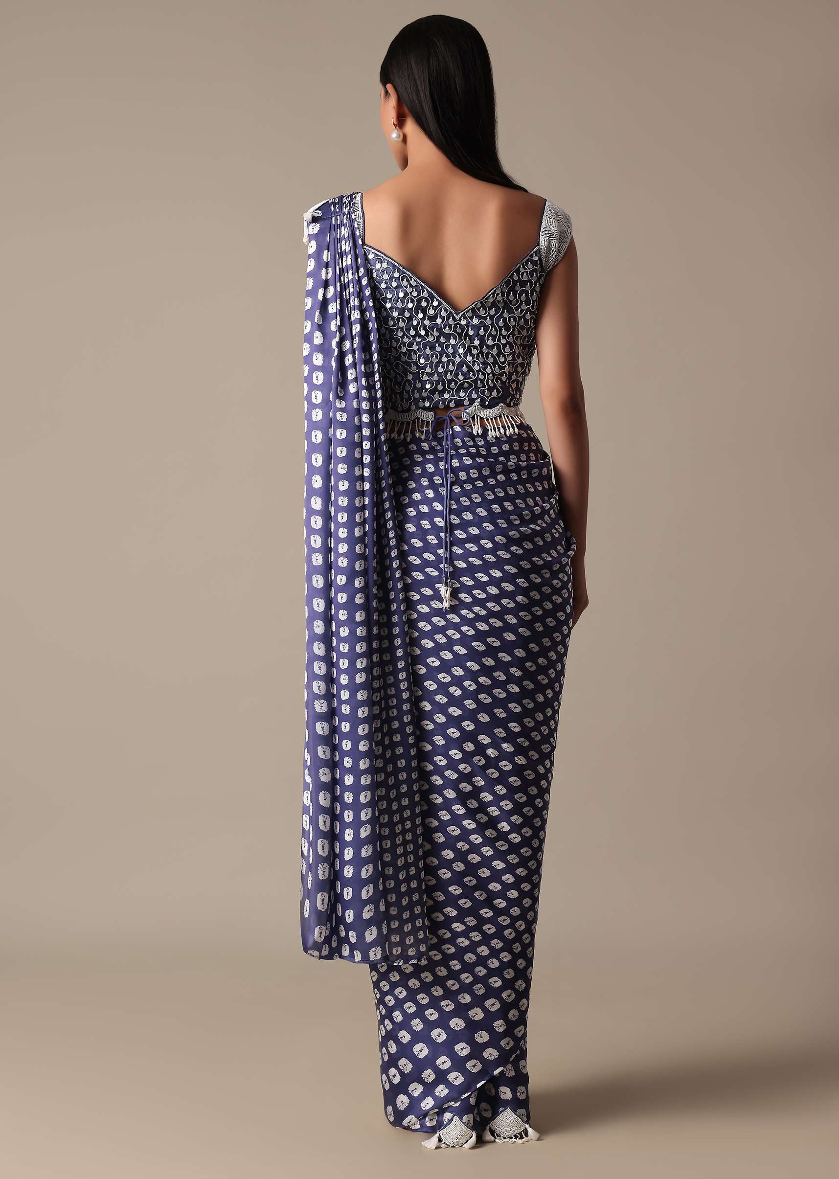 Elegant Blue Ready Pleated Saree With Stitched Blouse - Image 7