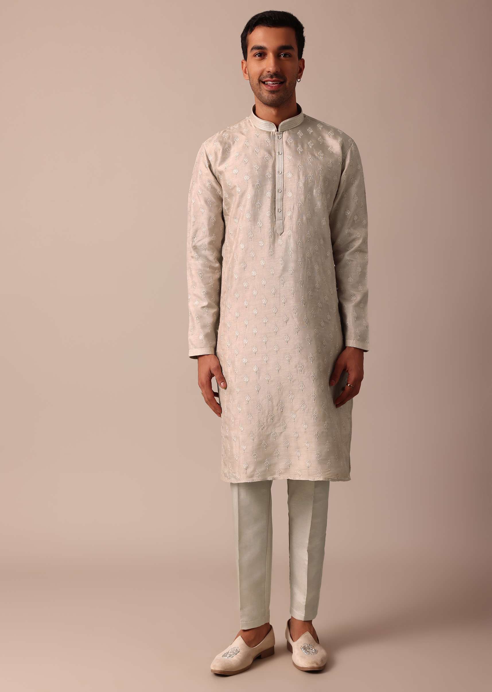 Elegant Beige Silk Sherwani Set With Intricate Embroidery - Image 6