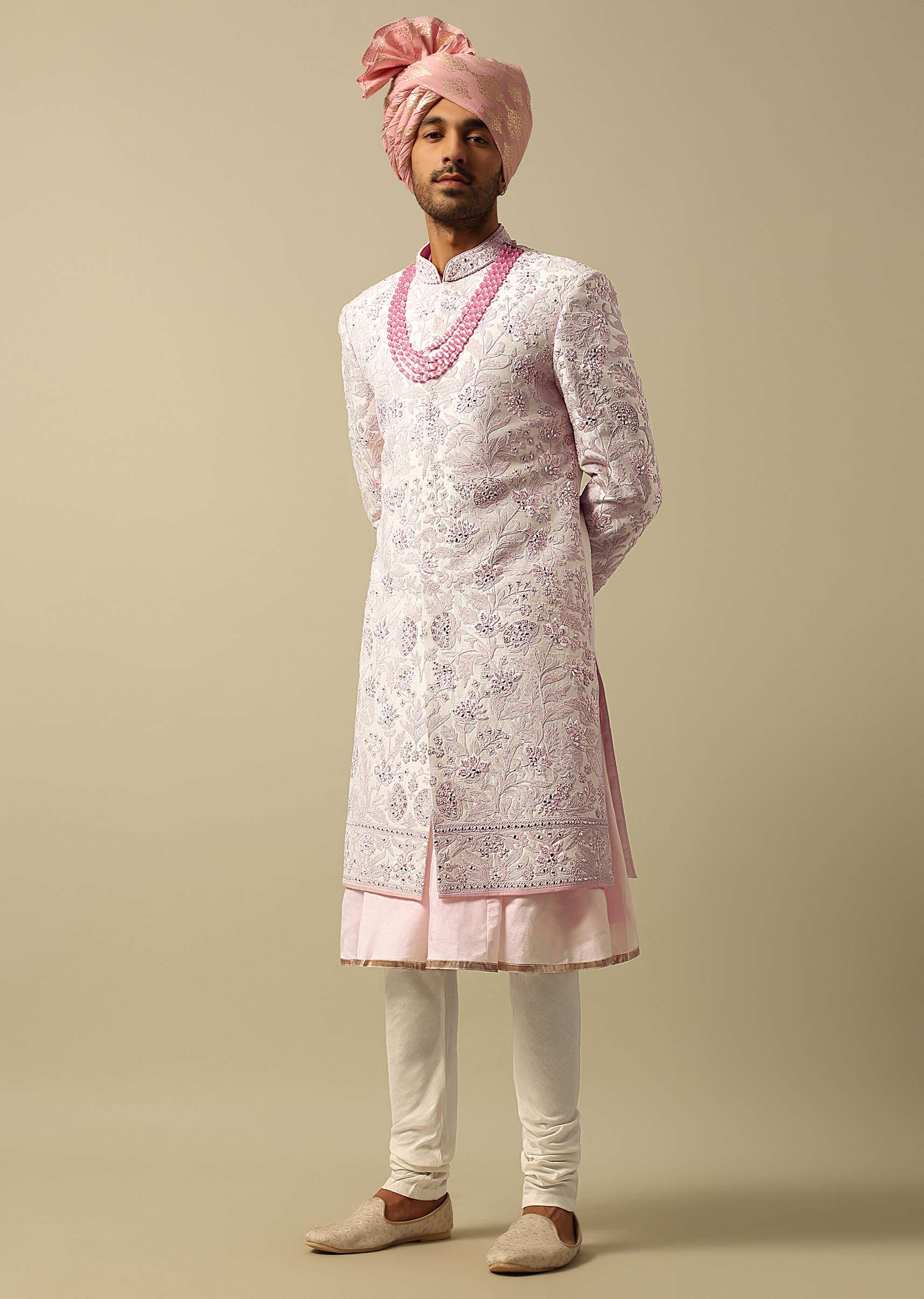 Exquisite Pink Raw Silk Sherwani - Image 3