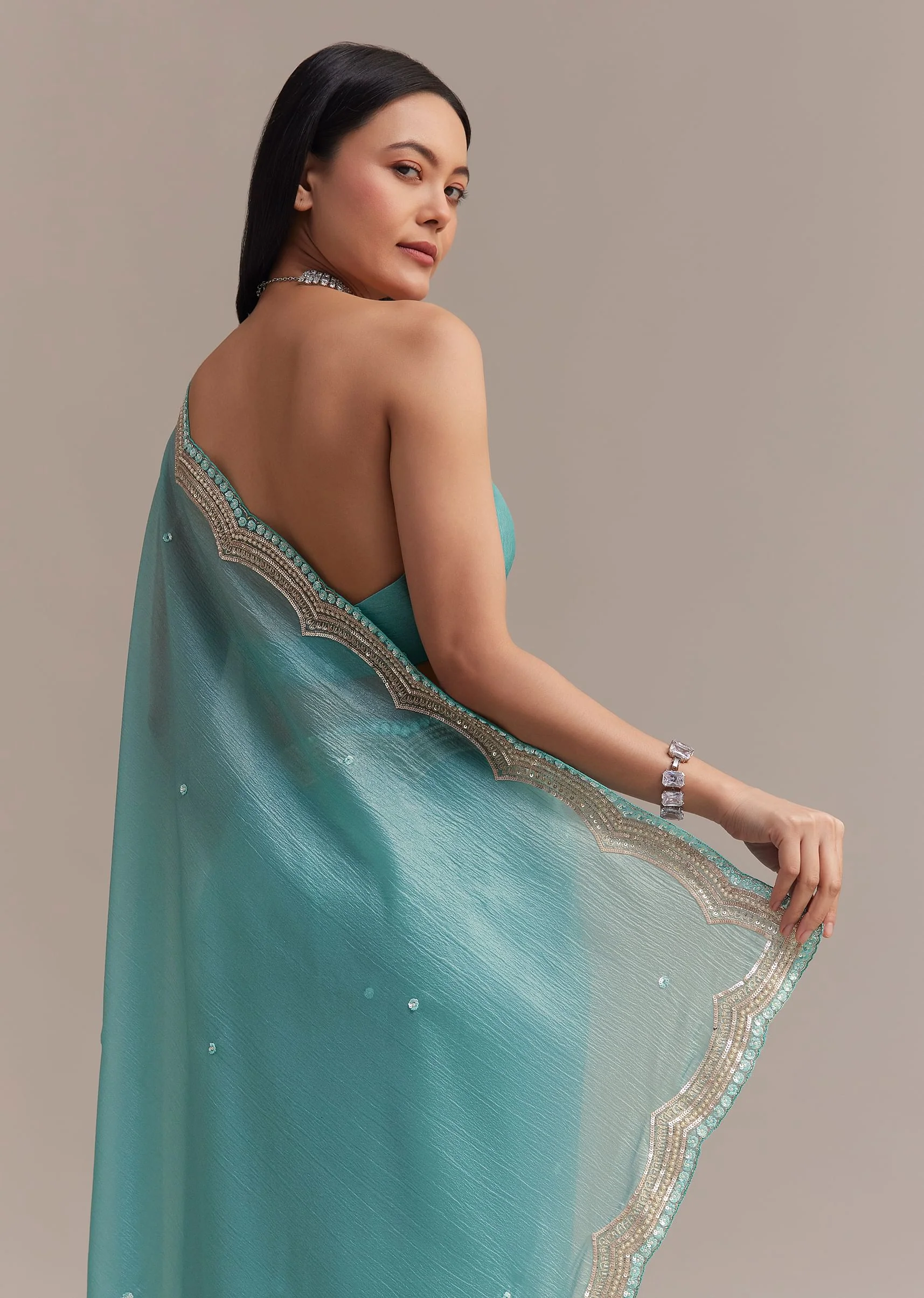 Firozi Blue Crushed Tissue Saree With Sequins Embellished Scallop Border - Image 4