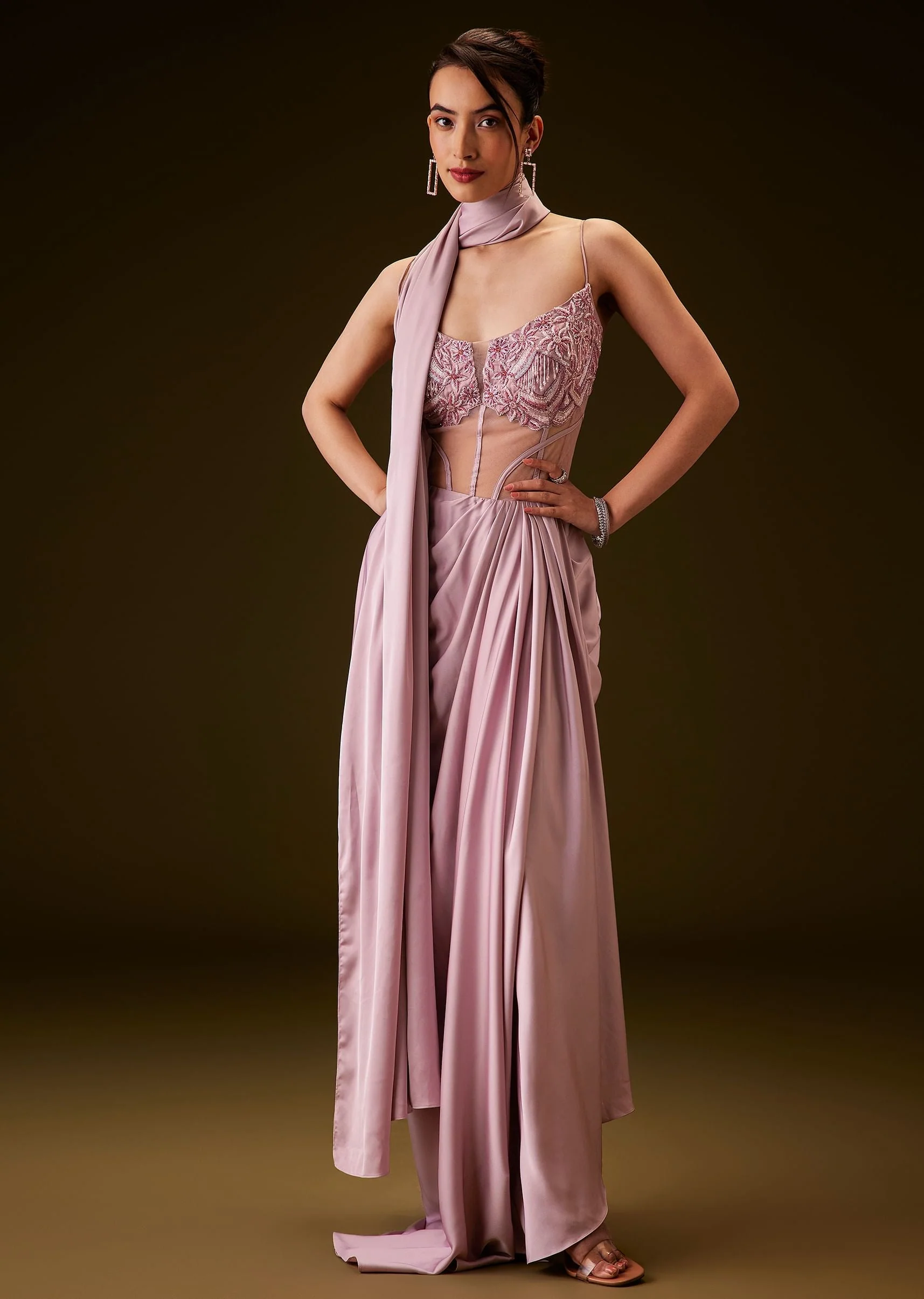 Flamingo Pink Pre Draped Indo Western Saree - Image 3