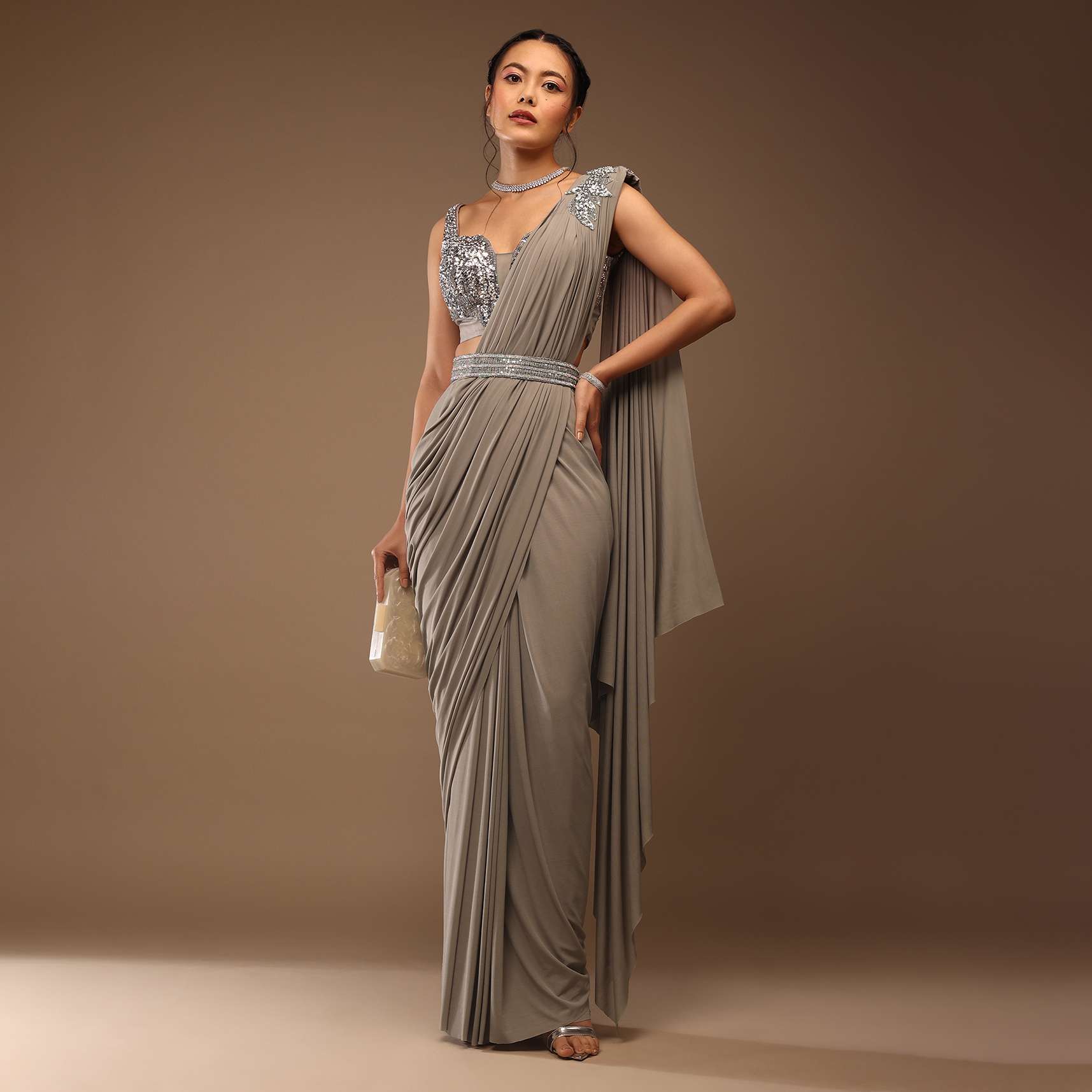 Flint Grey Ready-Pleated Saree With A Crop Top Embellished In Sequins With A Corset Neckline - Image 8
