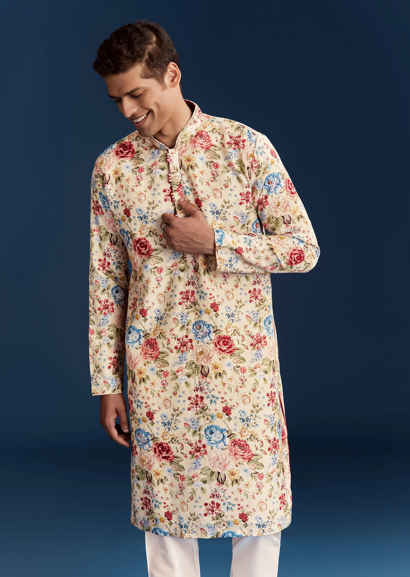 Floral Ivory Duo β Printed Saree For Her And Embroidered Kurta Set For Him - Image 10