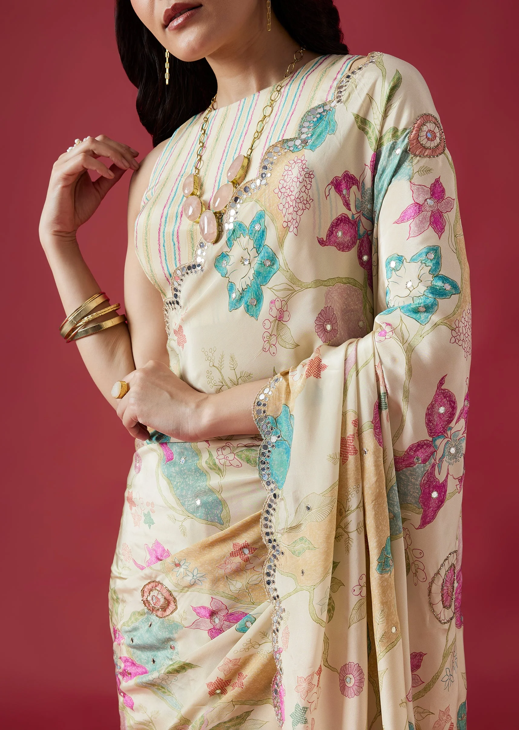 Floral Ivory Duo β Printed Saree For Her And Embroidered Kurta Set For Him - Image 2