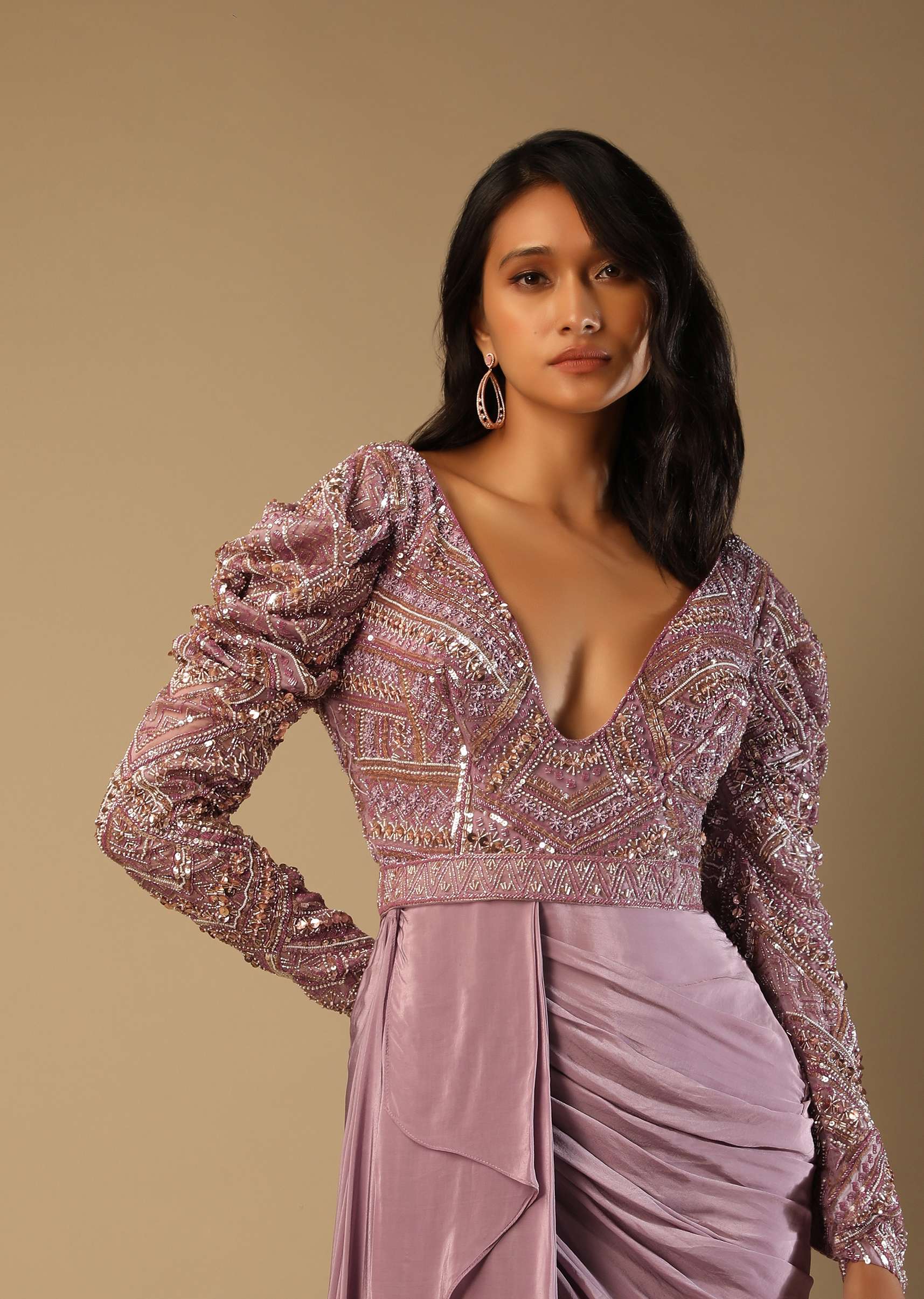 Frozen Mauve Gown In Crepe With Pleated Cowl Drape, Hand Embroidery And Side Trail - Image 5