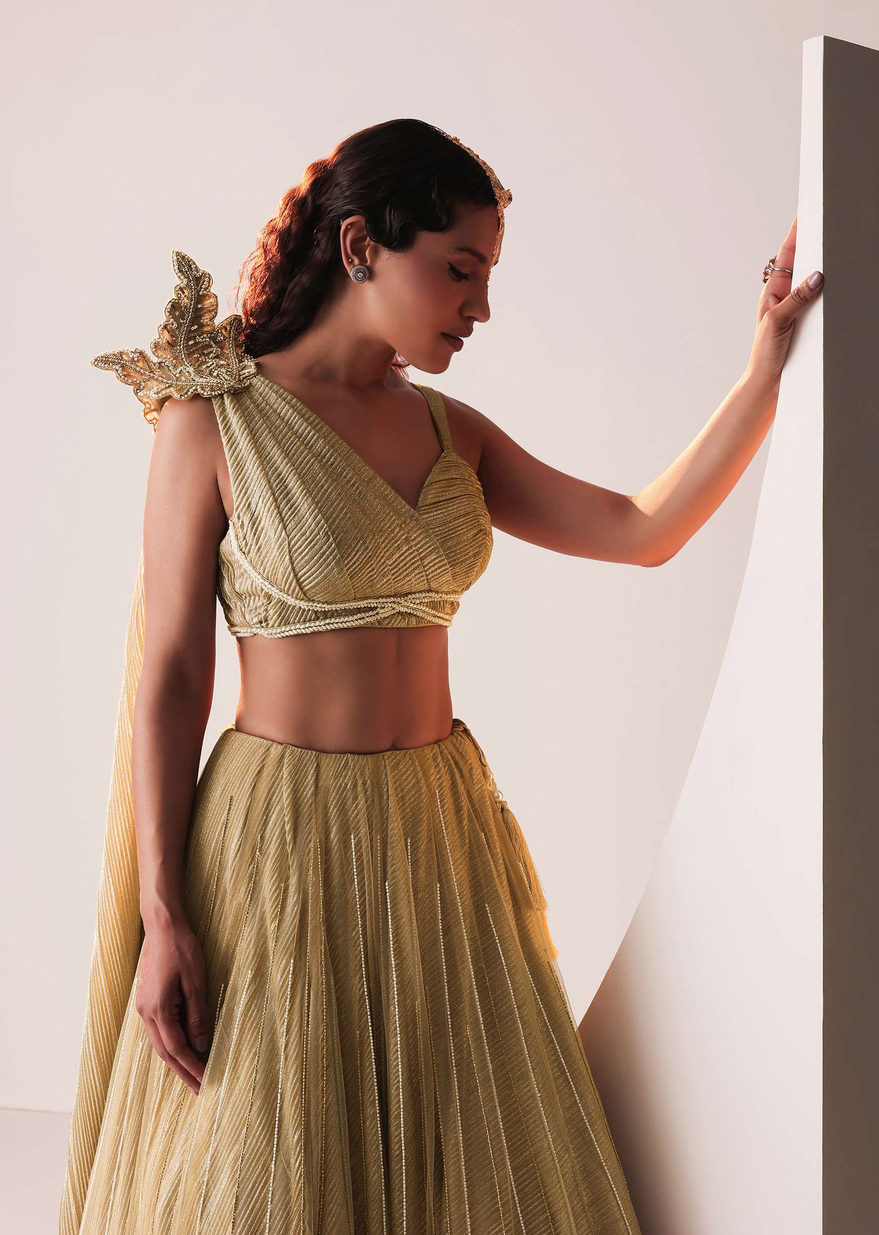 Glam Gold Embroidered Lehenga Set In Knit Stretchable Fabric - Image 5