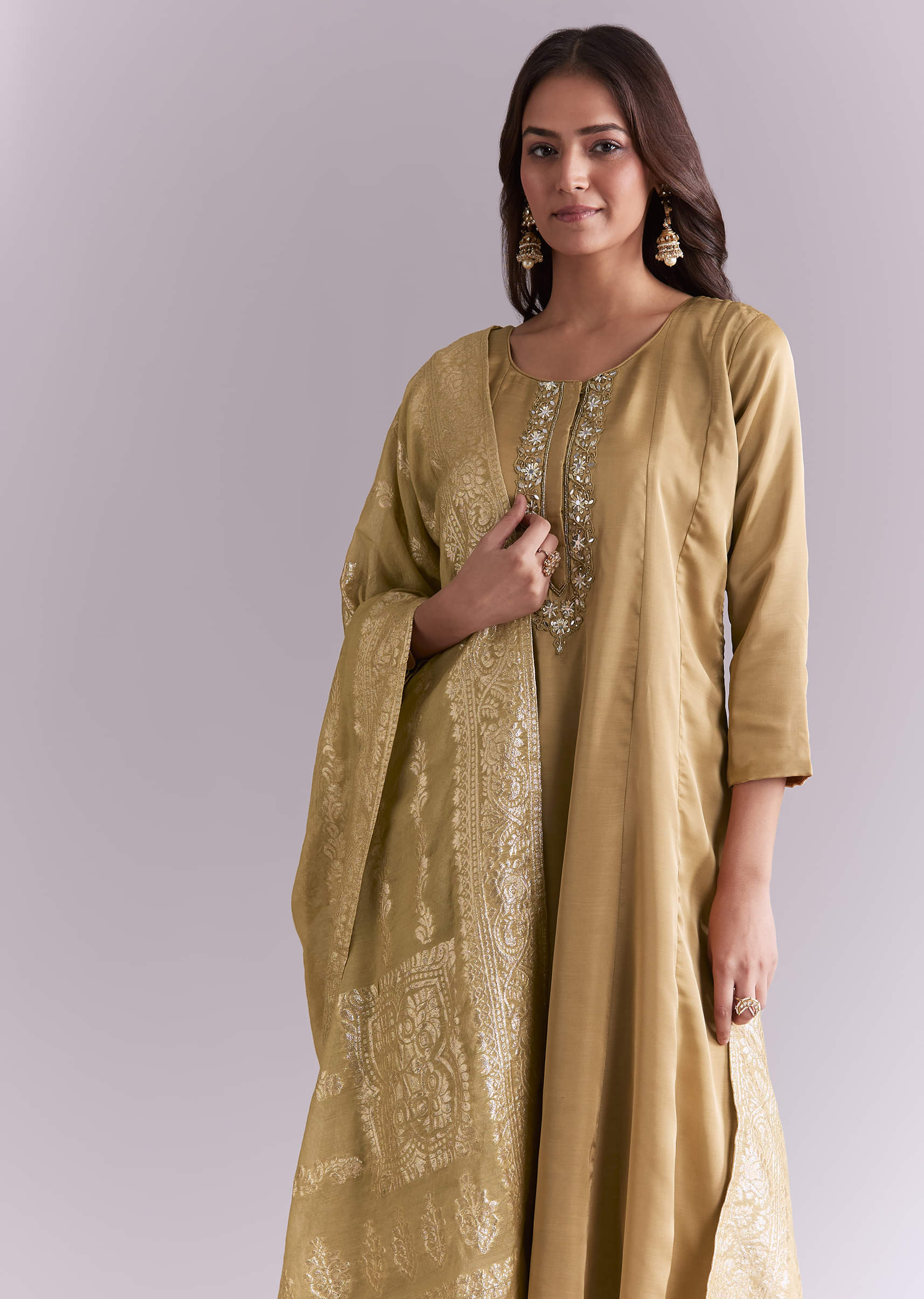Gold Anarkali Suit With Mirror And Moti Embroidery And Jacquard Dupatta - Image 4