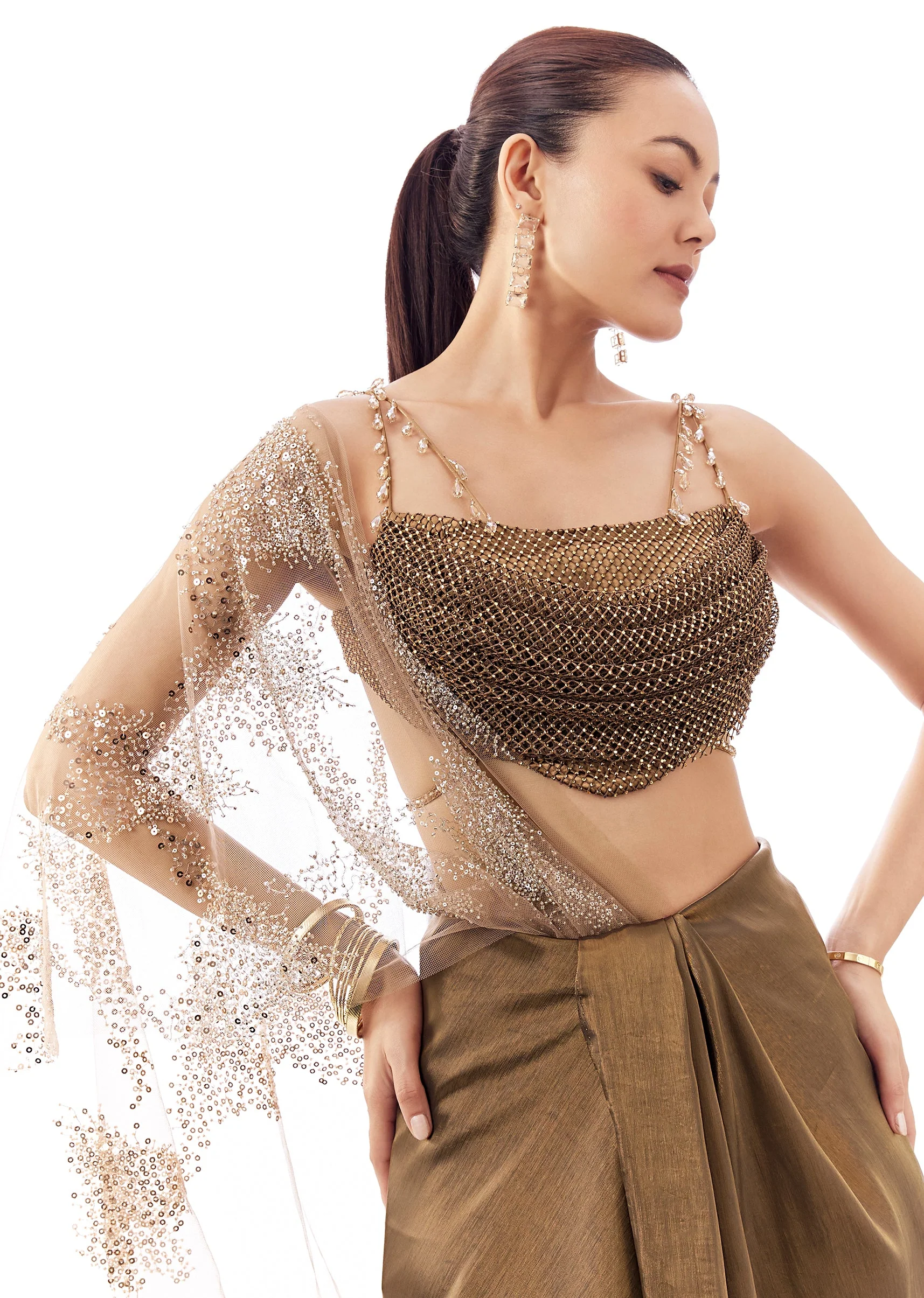 Gold Brown Cowl Neck Strap Blouse With Back Dori And Stone Work