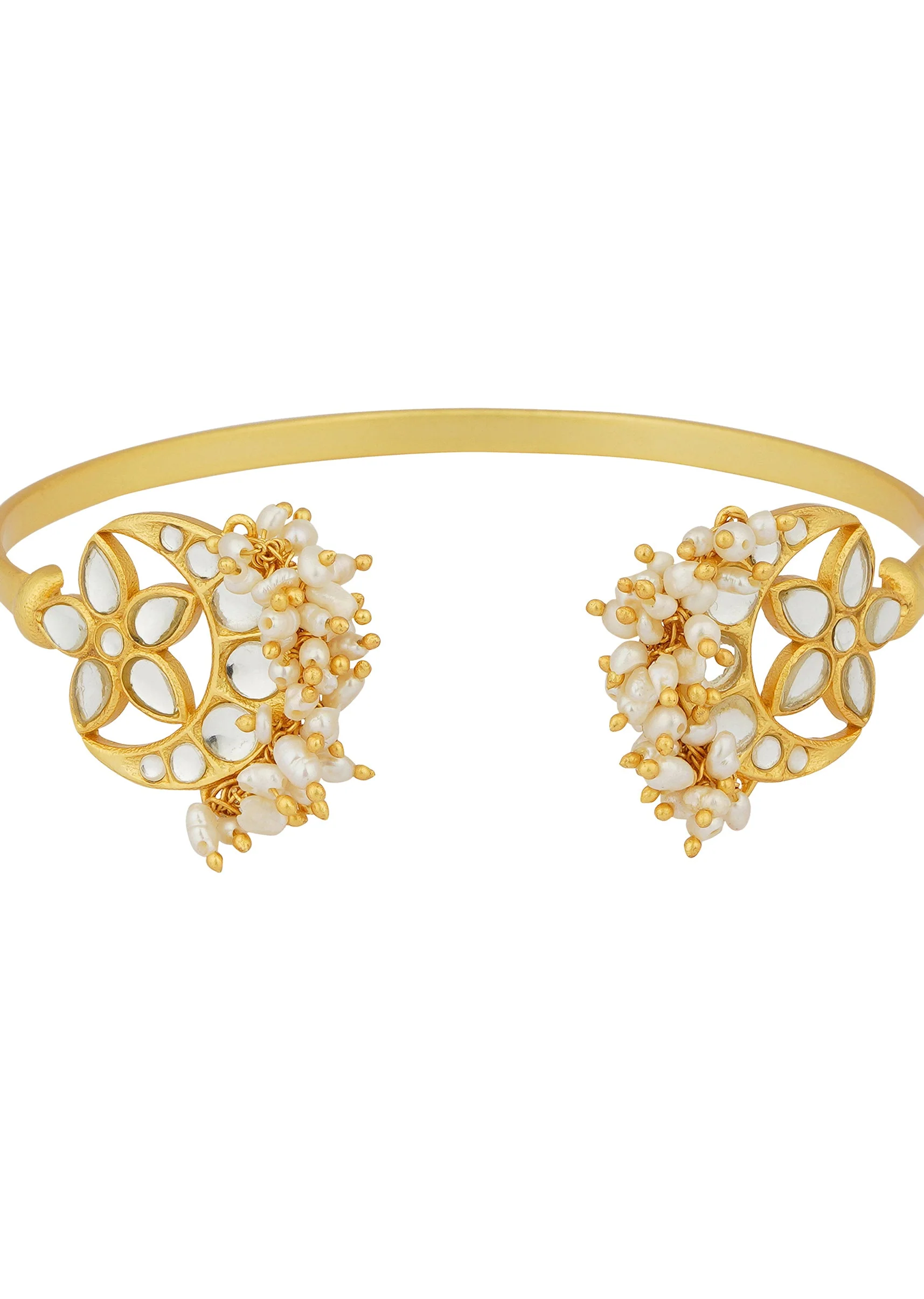 Gold Chaand Phool Bracelet With Mirror Polki And Pearls - Image 4
