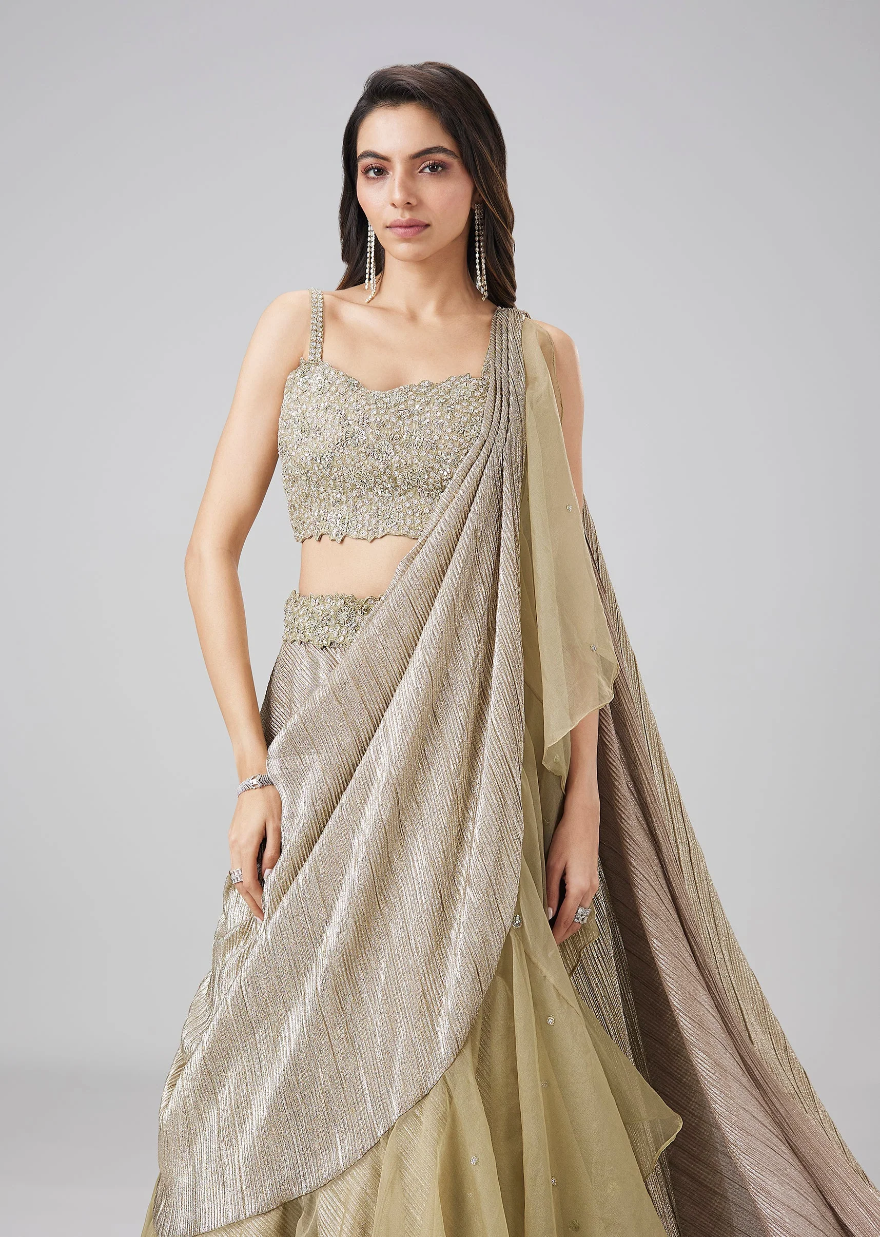 Gold Drape Style Fusion Lehenga - Image 4
