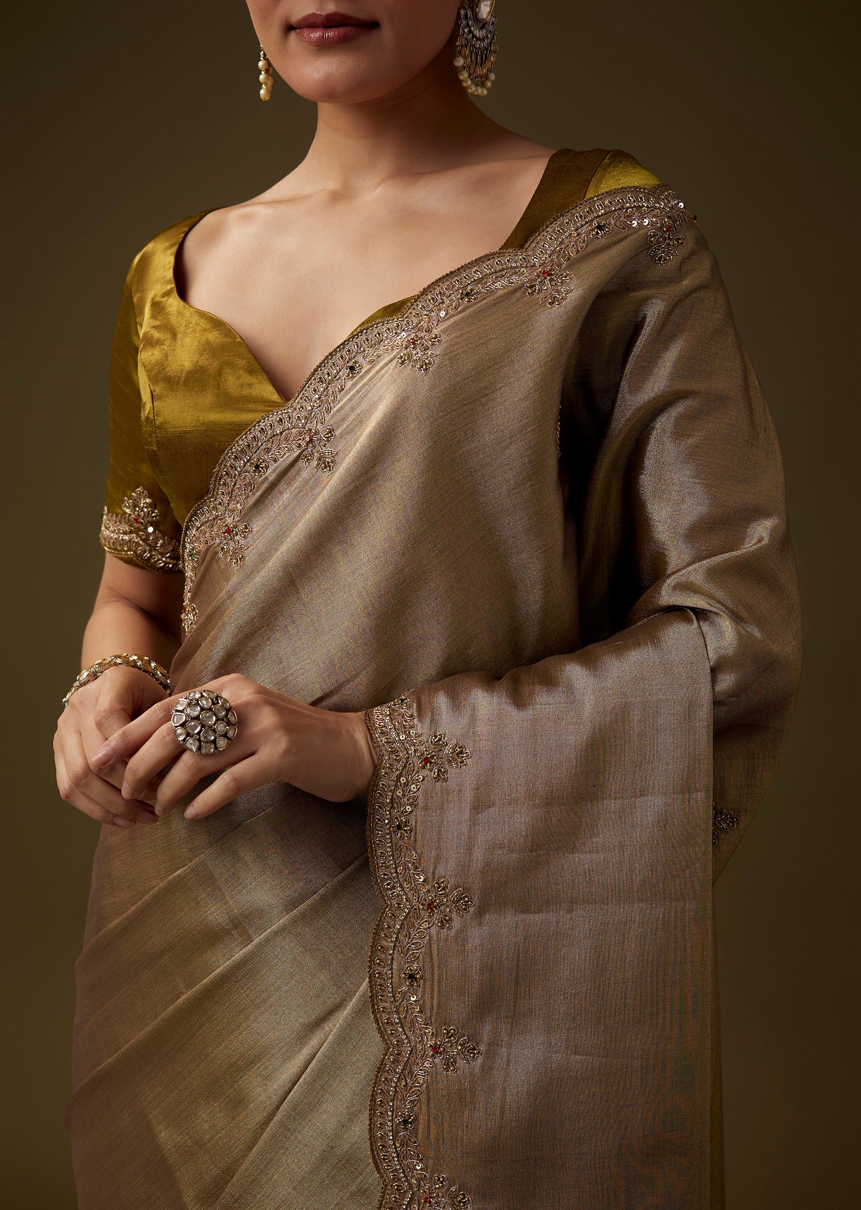 Gold Embroidered Tissue Silk Saree with Unstitched Blouse - Image 2