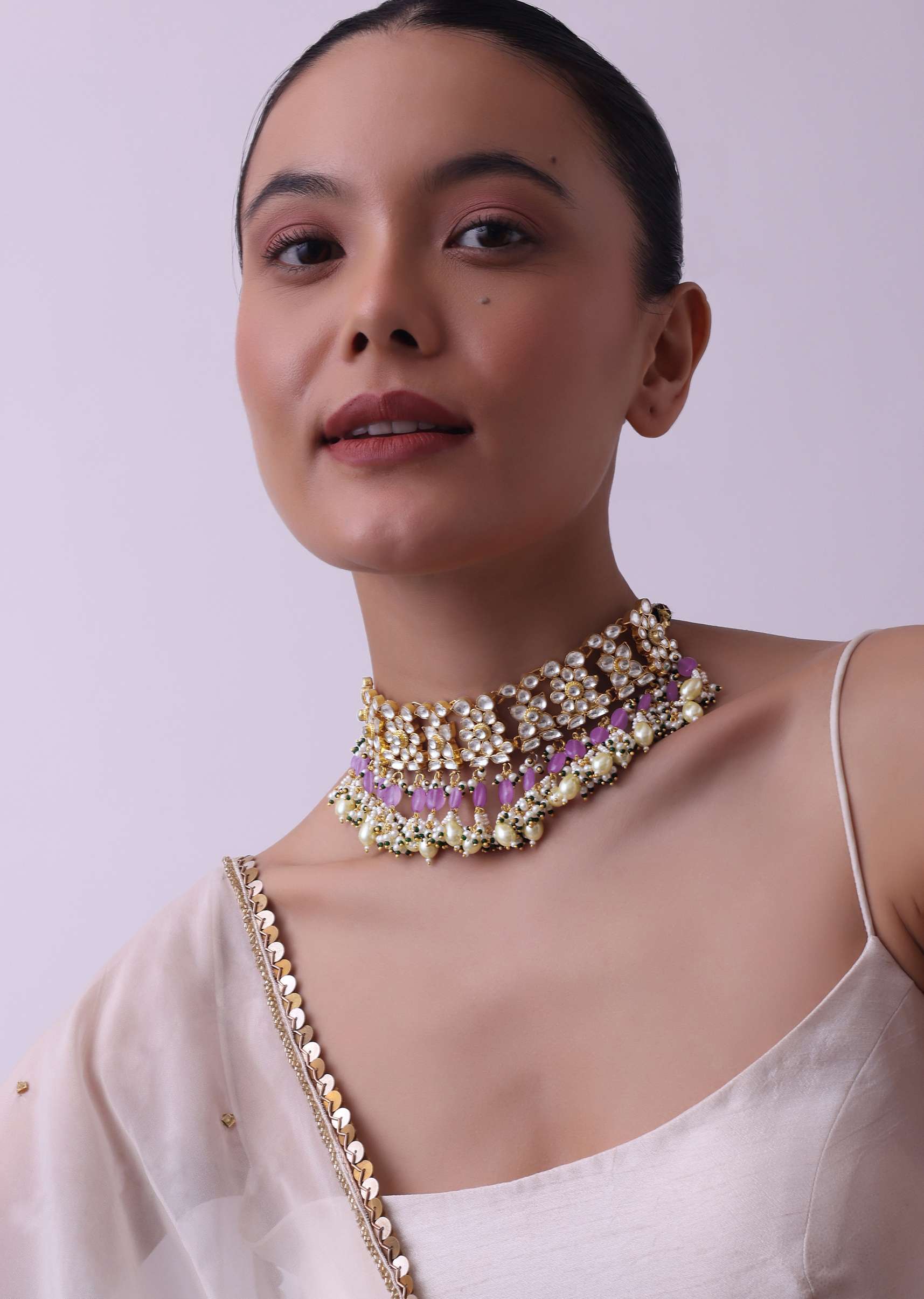Gold Finish Choker With Pearls And Green Beads - Image 13