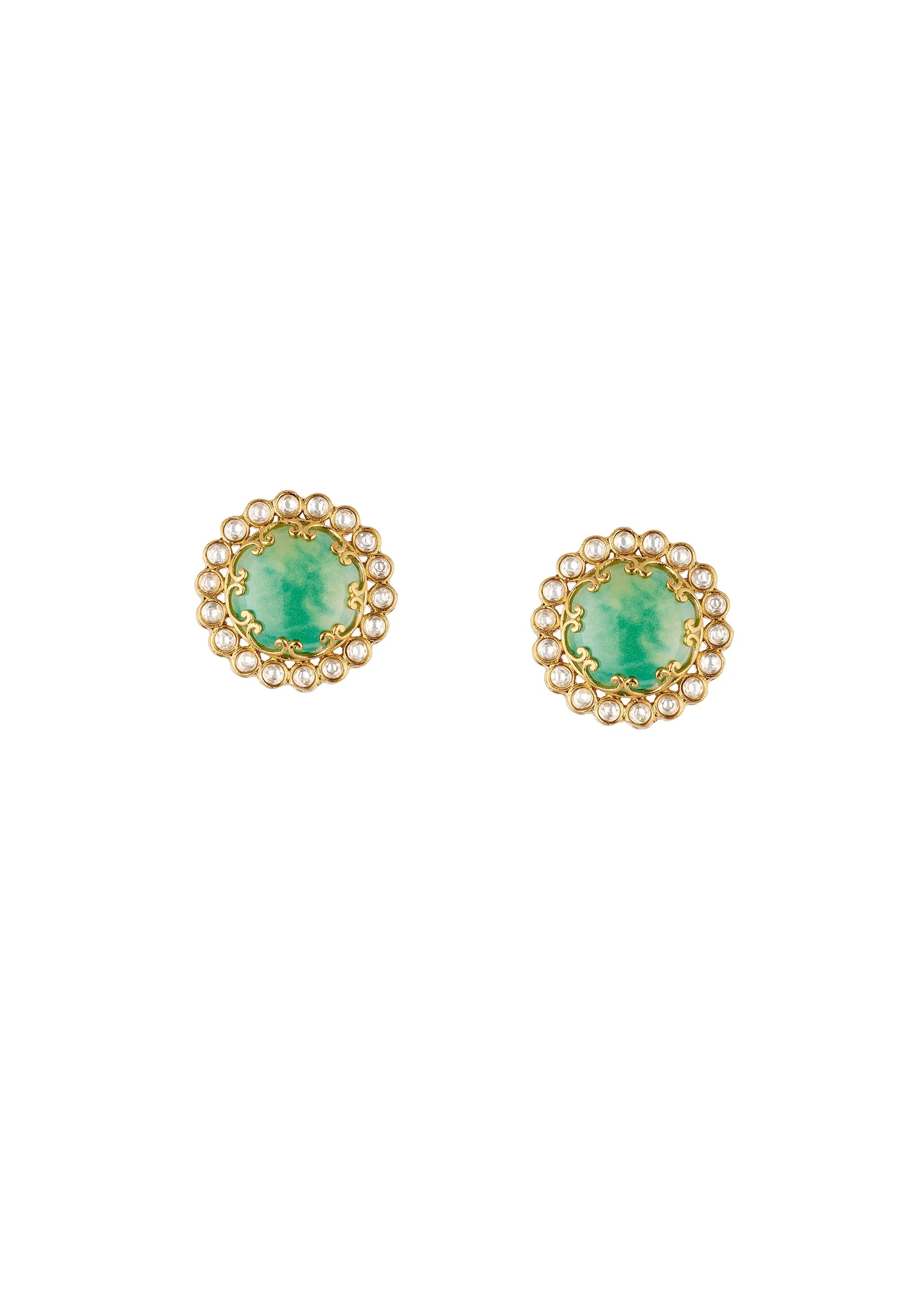 Gold Finish Circular Stud Earrings With Large Green Center Stone and Polki Style Halo - Image 2
