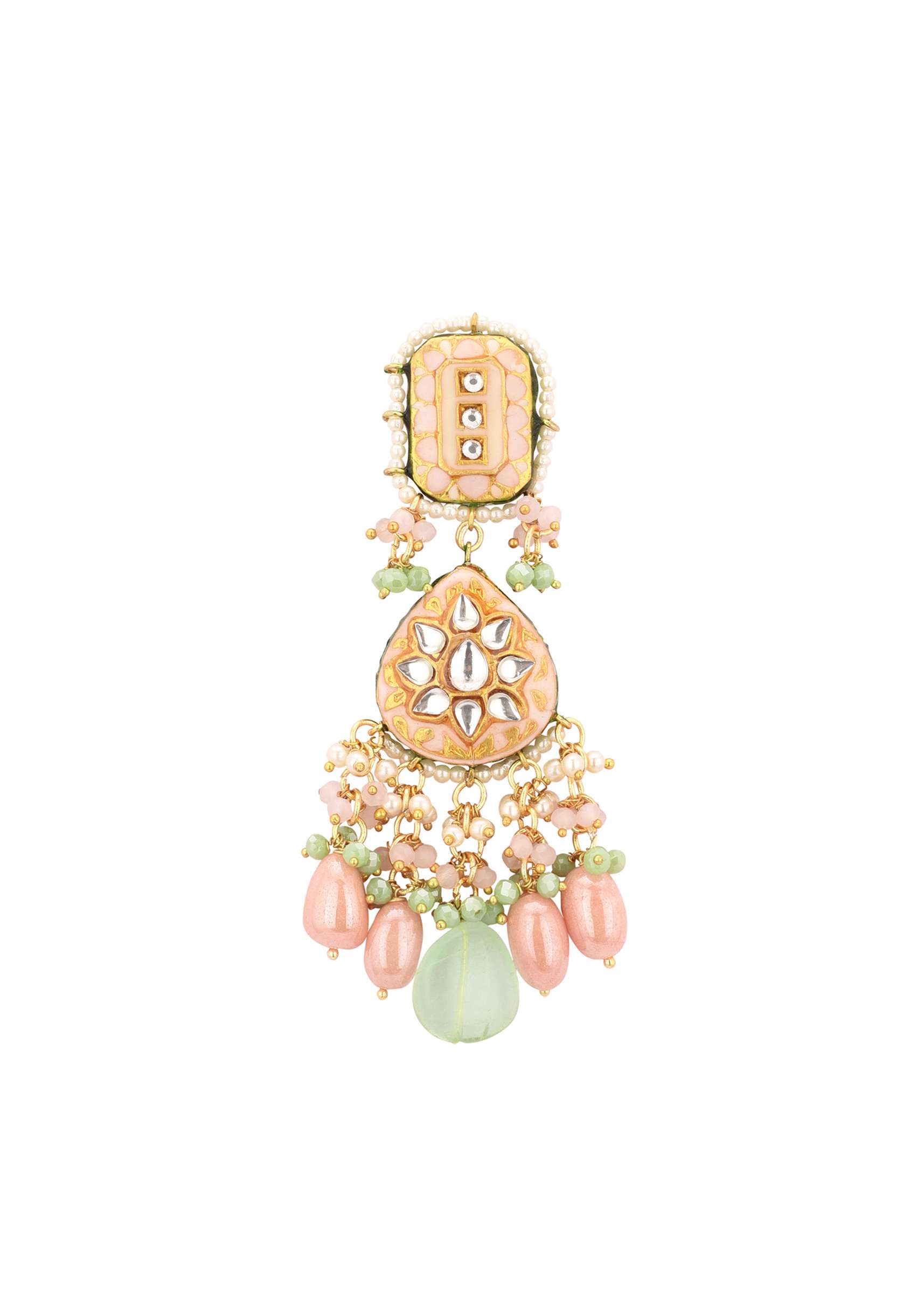 Gold-Finish Green-Stone Kundan Choker Necklace Set With Colourful Meenakari Work In Mix Metal - Image 5