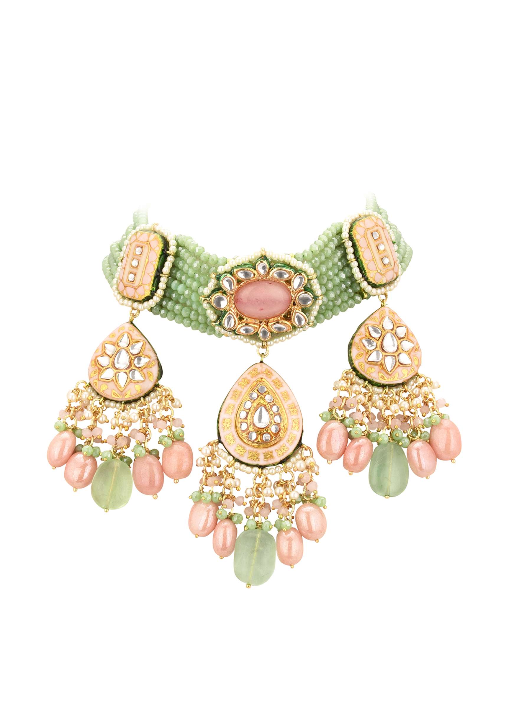 Gold-Finish Green-Stone Kundan Choker Necklace Set With Colourful Meenakari Work In Mix Metal - Image 8