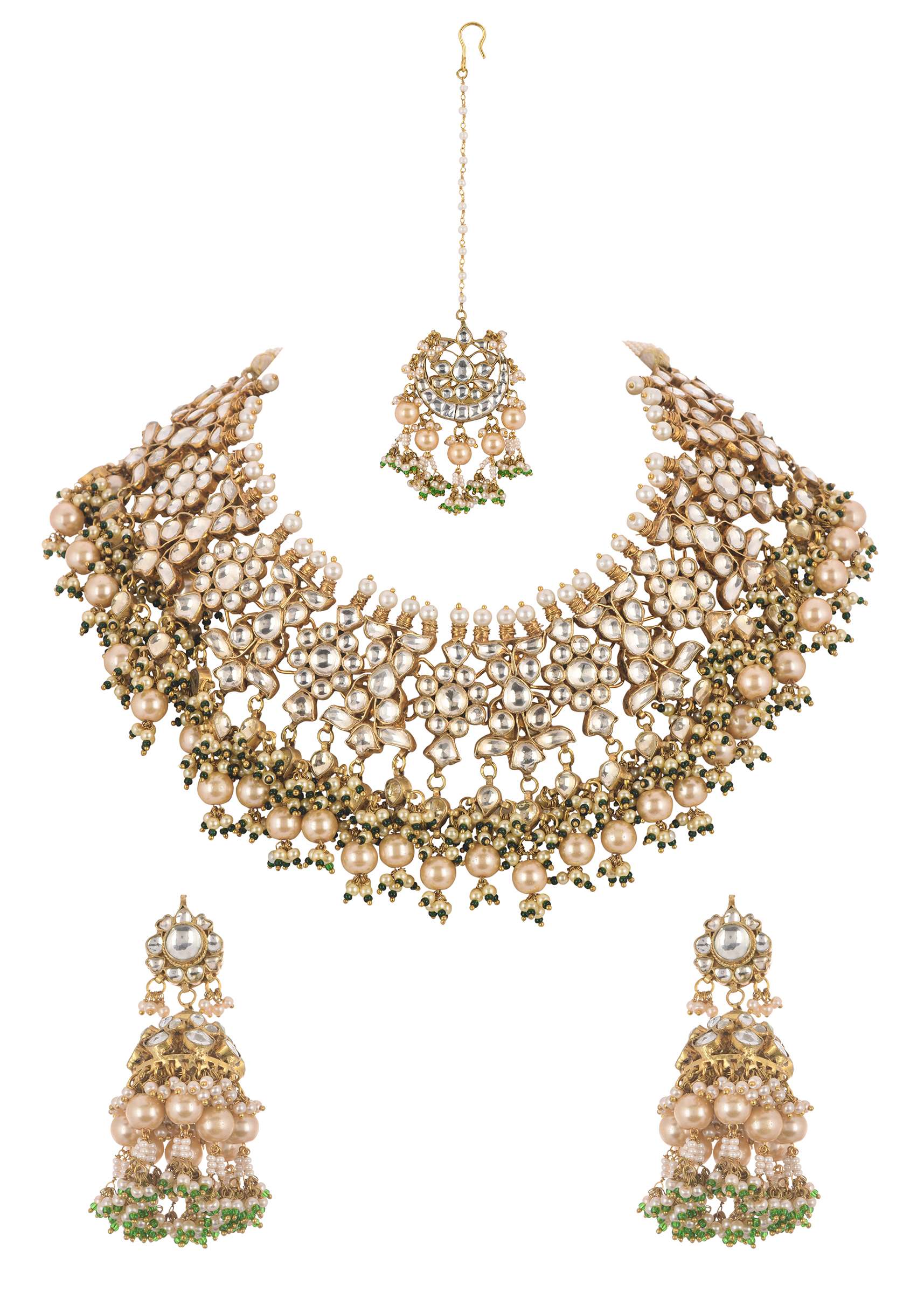 Gold Finish Heavy Bridal Choker And Maang Tikka Set - Image 5