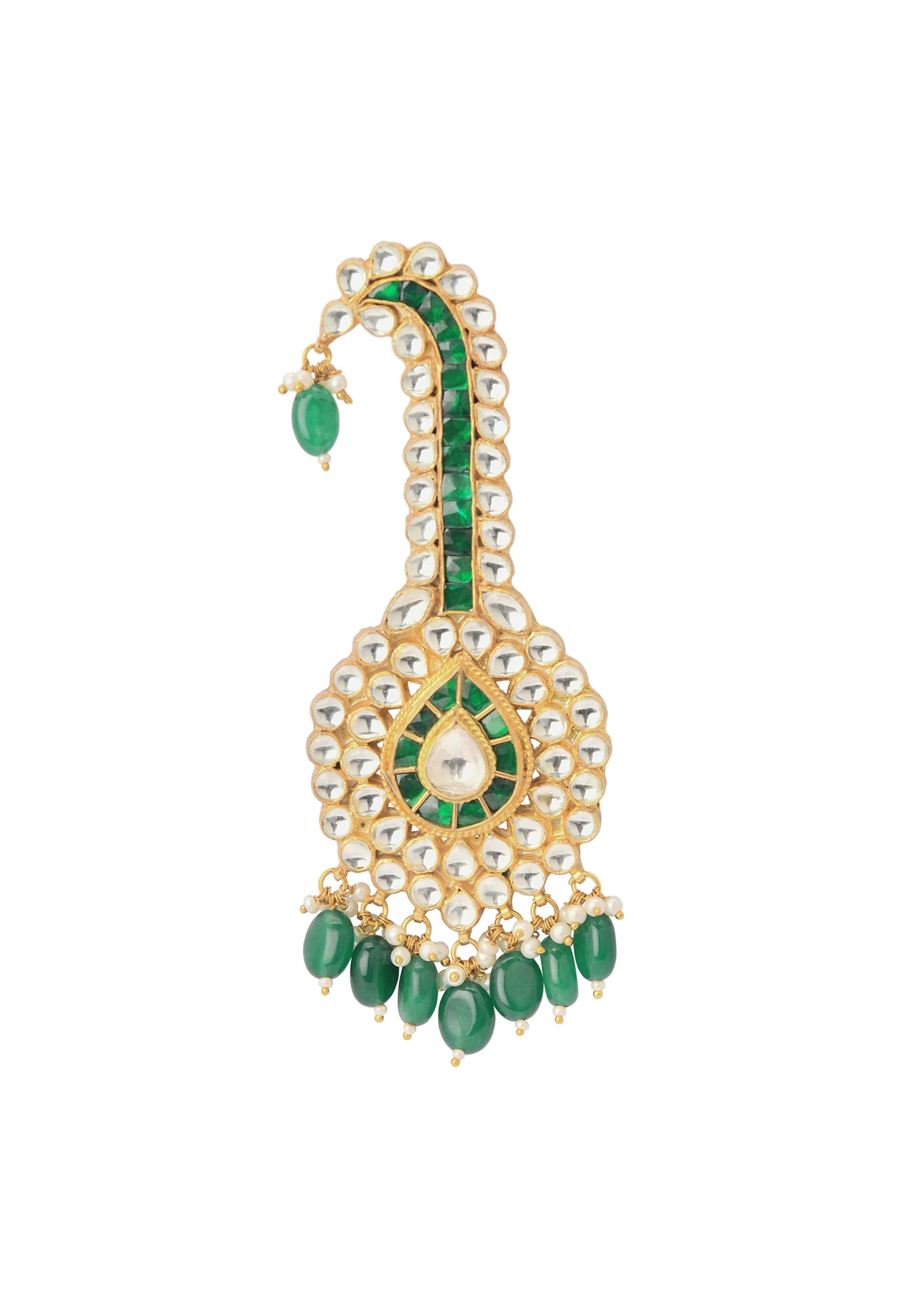 Gold Finish Kalgi With Kundan And Green Drops