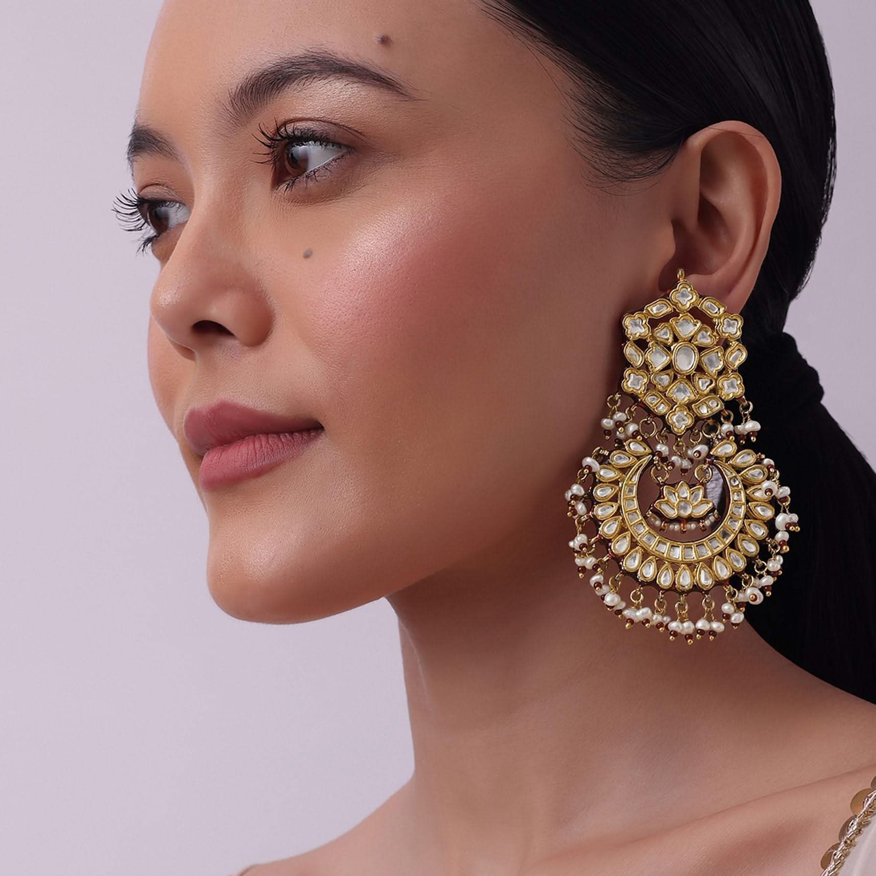 Gold Finish Kundan Chandbalis With Green Drops - Image 11